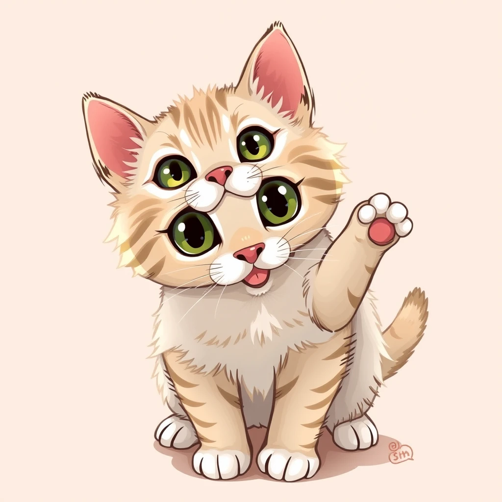 "Could you create a few images of a cute cat with deer-like eyes playing in a fun way? I want to use them later as material for a video, so please also consider connectivity in your drawings."