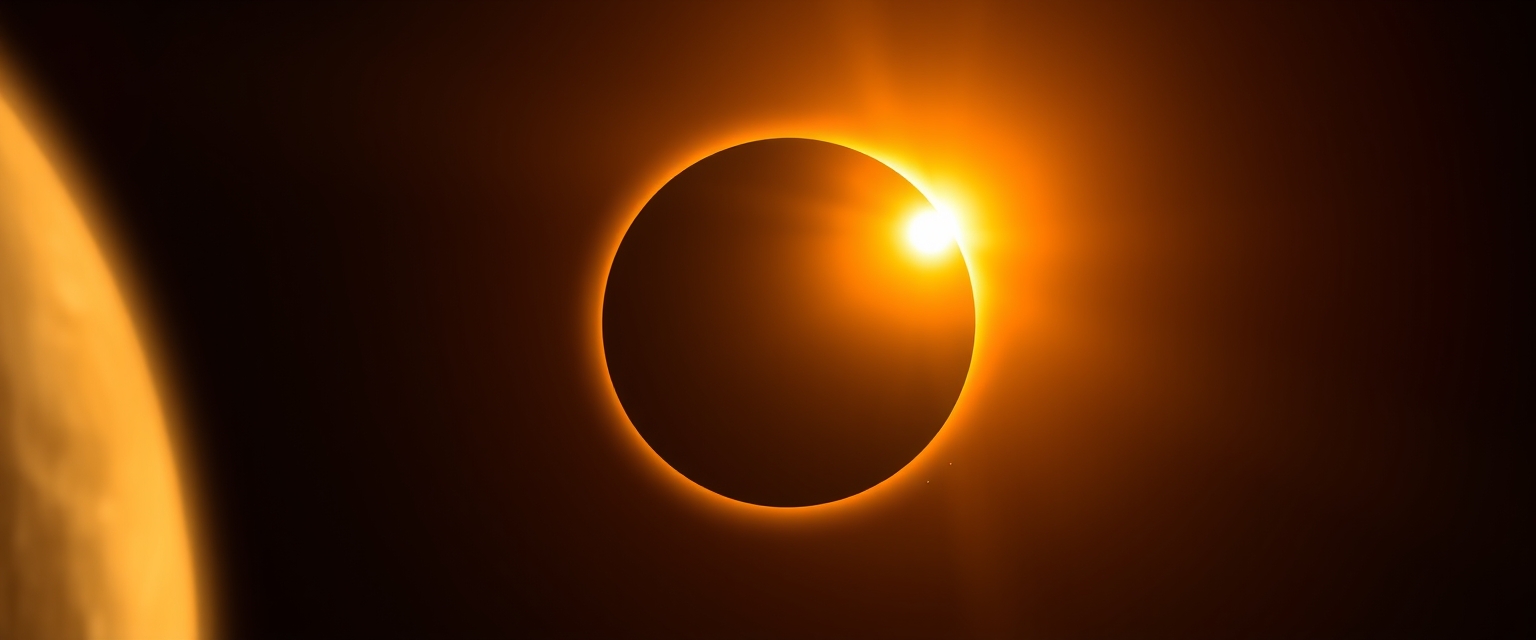 The Moon, centered, casts a dark umbra on Earth, depicting the path of totality. The Sun, in radiant oranges and yellows, forms a stunning corona effect around the Moon, all aligned casting a fading black hole sun halo in space, orbit space VFX, exosphere, cosmic, astral, quantum, cold and warm, energy-filled epic science fiction film concept digital art by Maciej Kuciara and Vincent Di Fate, 1998 NASA photo, Hasselblad electric camera 70mm film, Skylab flashlight photography, in the style of Interstellar by Christopher Nolan OverallDetailXL, flux-style.