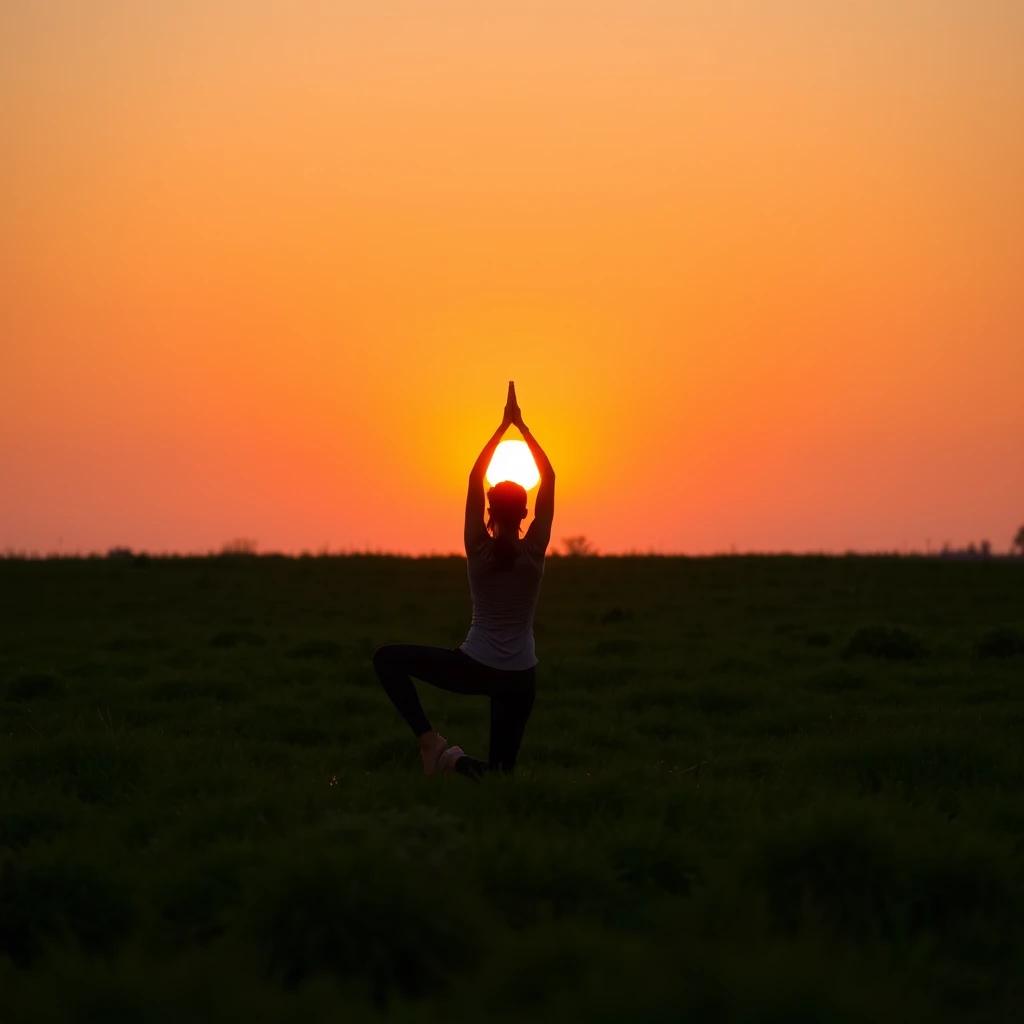 A solitary woman doing yoga on a green grass field at sunset, silhouette against the orange sky.