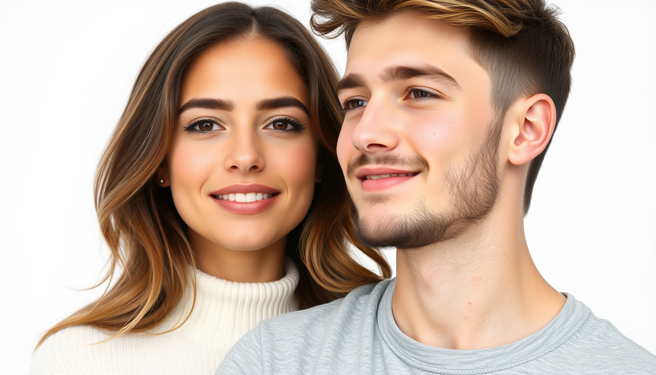 Handsome teenage couple from Turkey with great hair, a handsome man and a beautiful woman, against a pure white background.