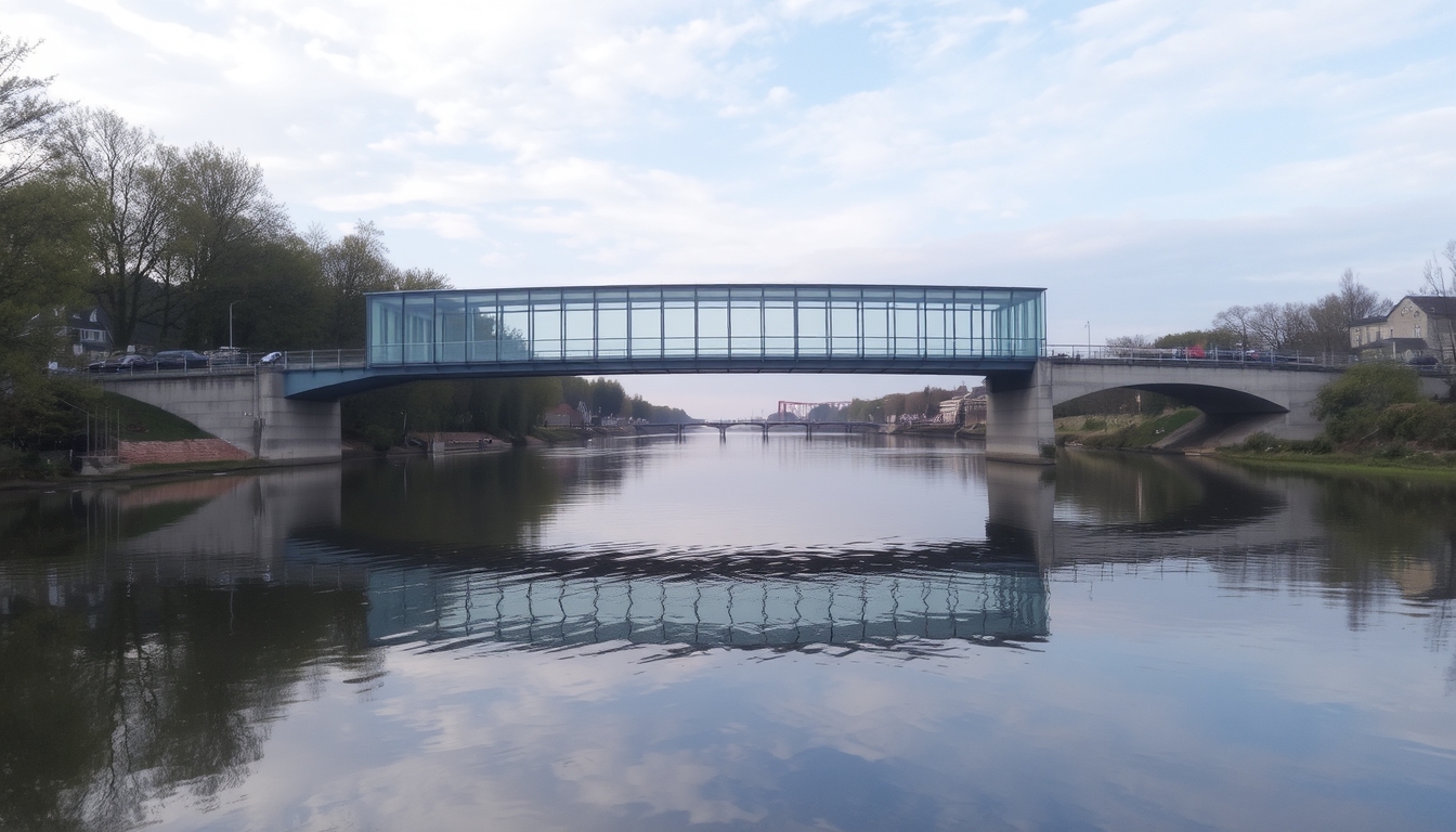 A serene river scene with a glass-bottomed bridge crossing over it.