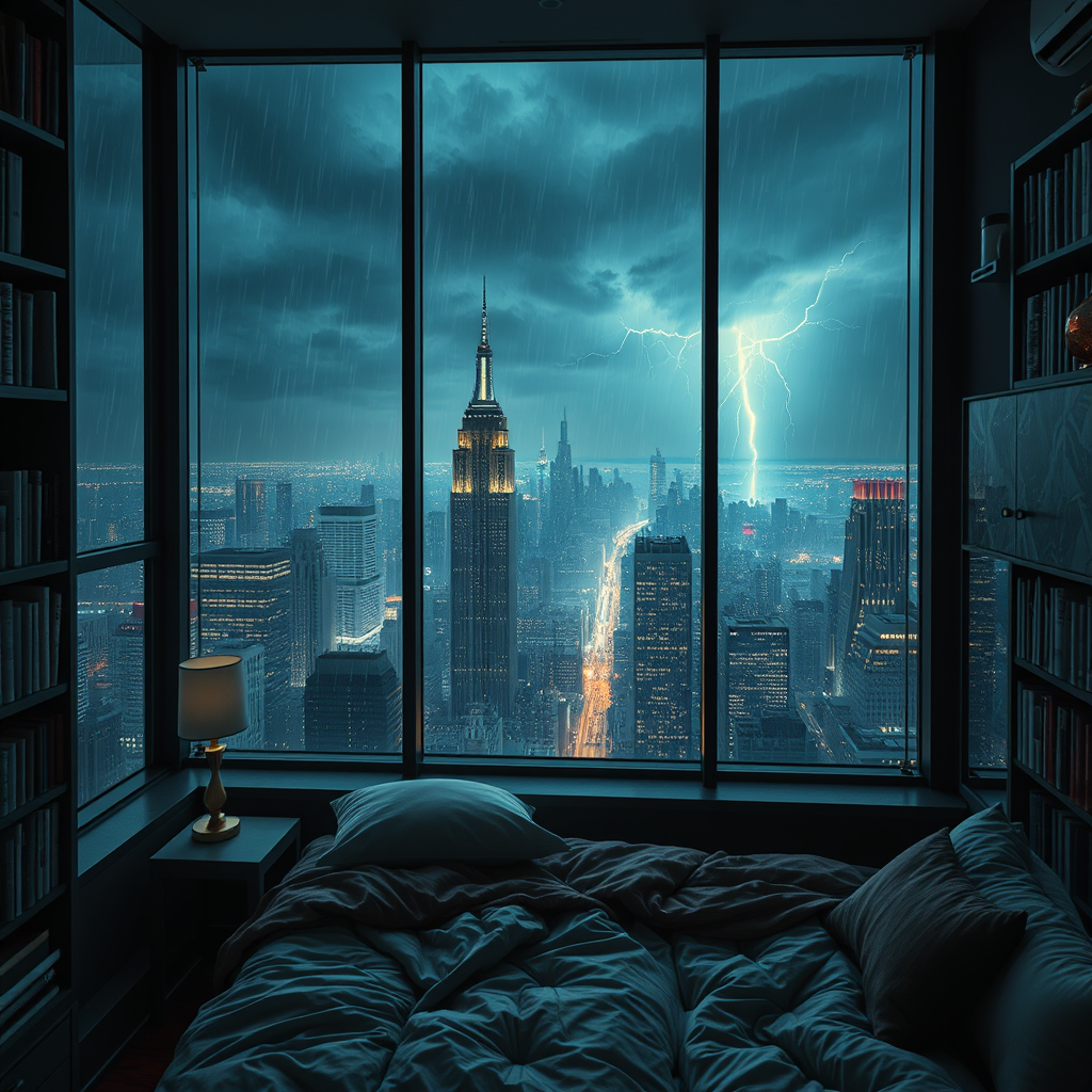 beautiful cozy, tiny, cramped bedroom with floor to ceiling glass windows overlooking a cyberpunk city at night, view from top of skyscraper, bookshelves, thunderstorm outside with torrential rain, detailed, high resolution, photorealistic, dark, gloomy, moody aesthetic