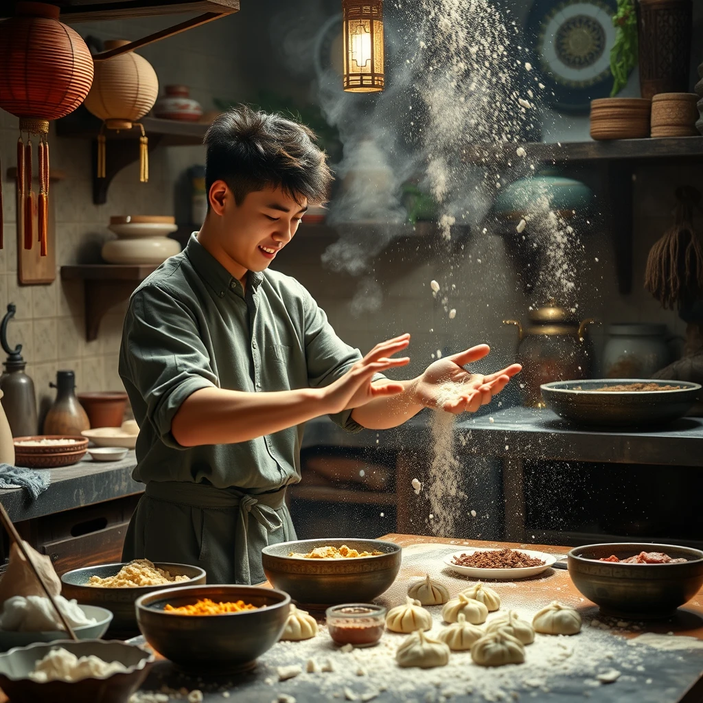 College male making dumplings, ancient mystical Chinese kitchen, lots of ingredients everywhere, flour everywhere, messy kitchen, magical theme, ingredients floating in the air, doing Tai Chi.