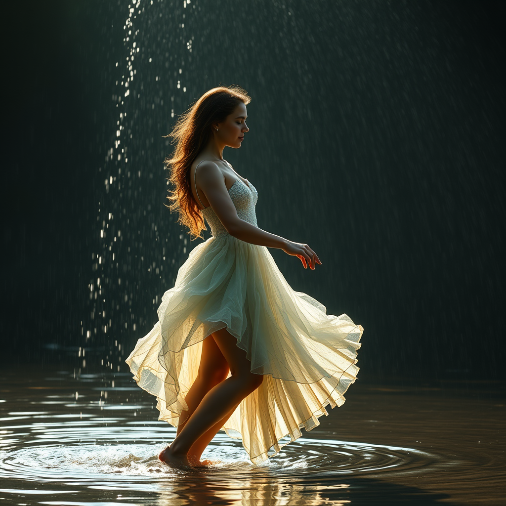 Riverside, dancing woman wearing a dress made of water, side view, full body view, strong light falls on her, water pours from the sky.