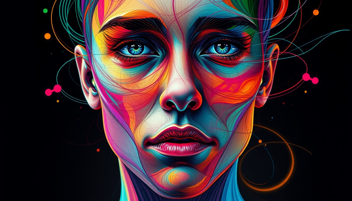 A digital painting of a human face composed of colorful, swirling lines and shapes, blending realism with abstract elements. - Image