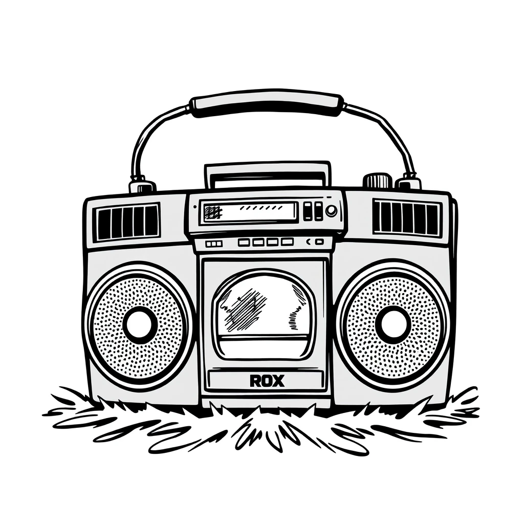 Boom box, 90s retro comic cartoon, vector sticker, solid color monotone, thick trace, art by Powell Peralta, center PNG, t-shirt design templates.