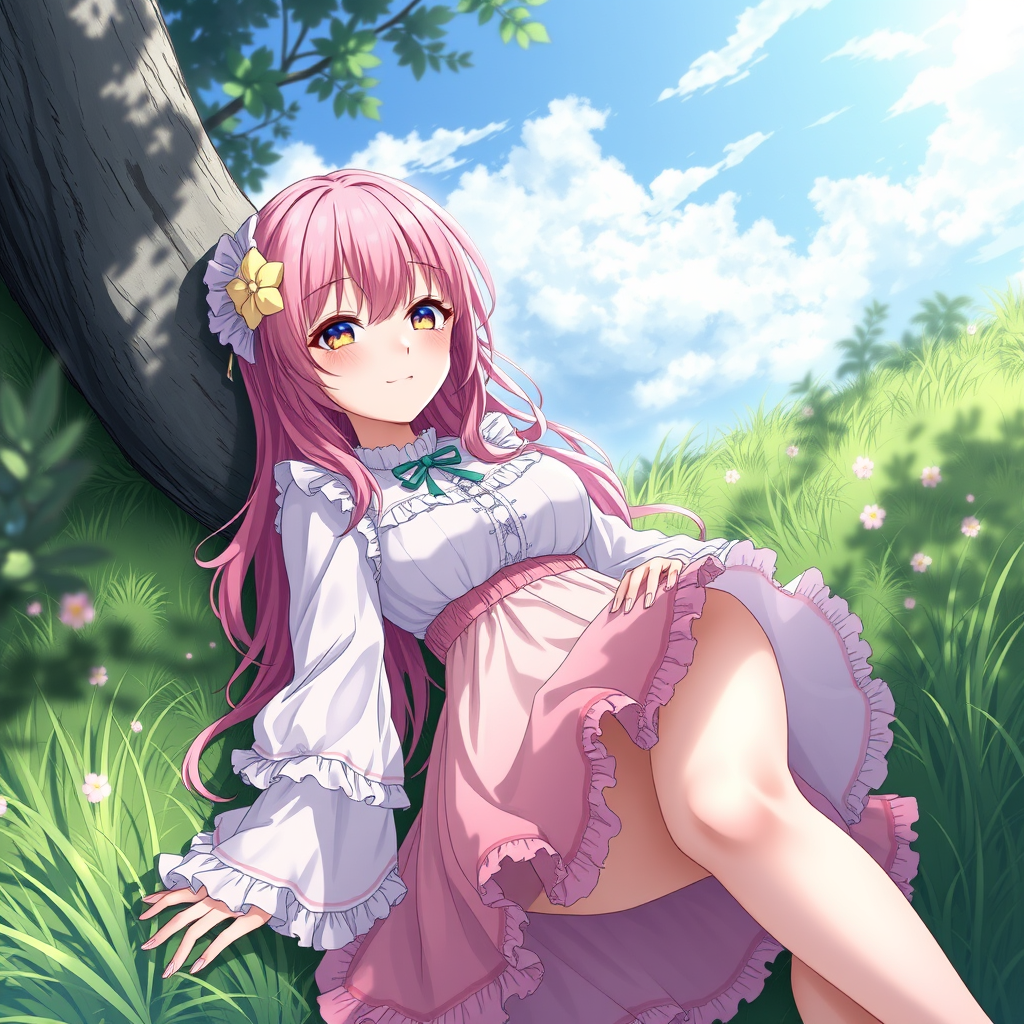 Anime art of a motherly woman, pink hair, frilly dress, detailed scene, stunning details, trending on artstation, laying on the grass, ray-traced environment, anime artwork.