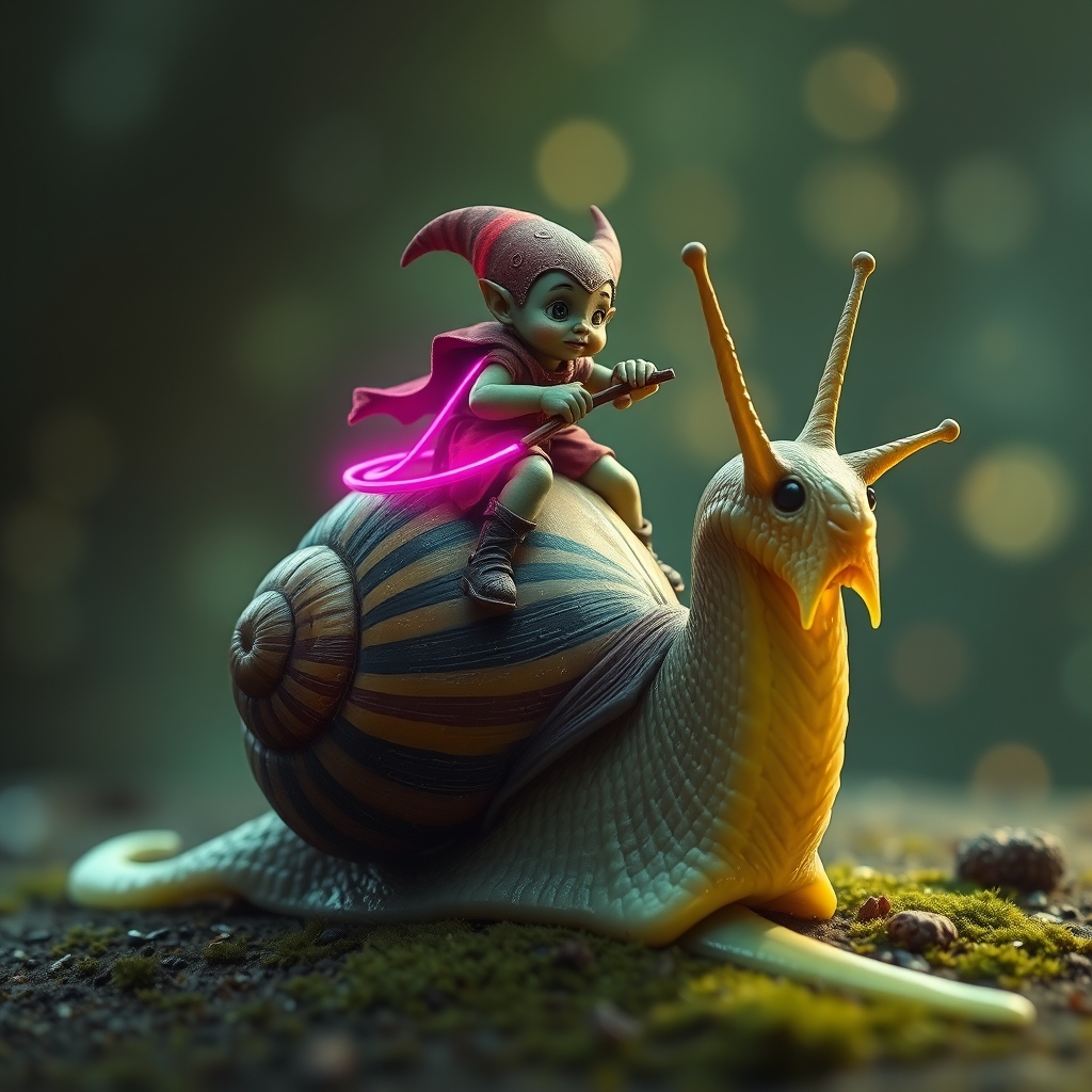 A tiny goblin jockey riding on the back of a giant snail, neon reins, the snail's shell is striped black and yellow, slime trail, neon bokeh, in the style of a fantasy painting.