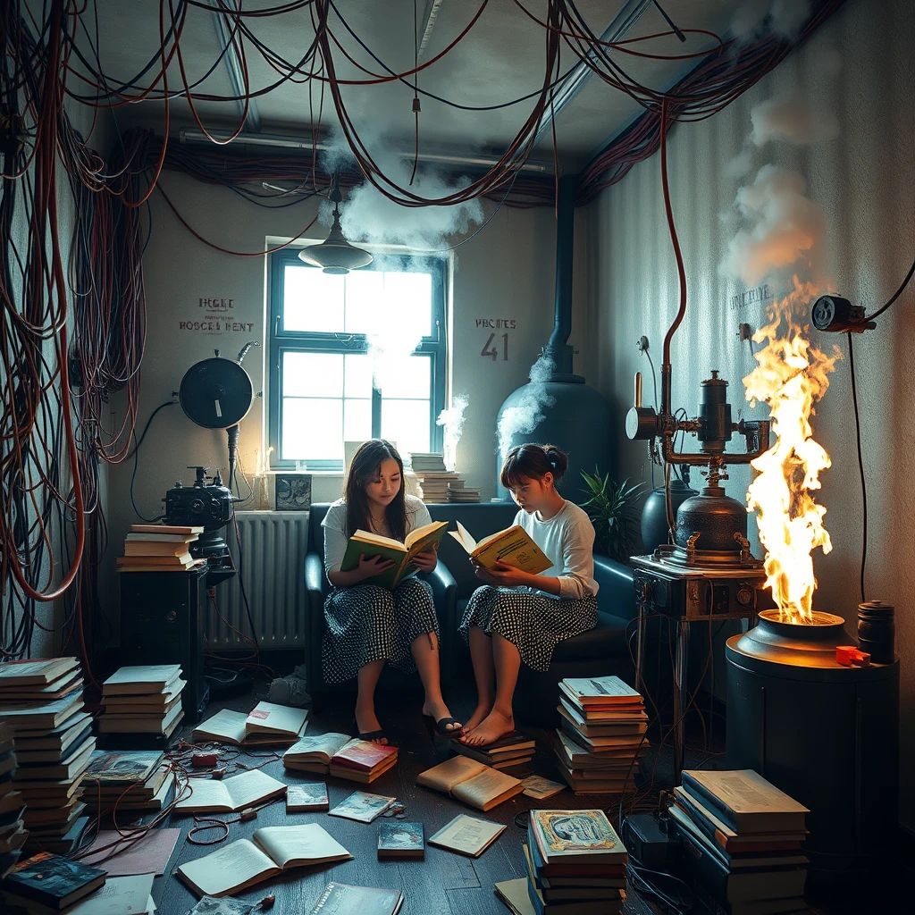 A real-life photograph, wide shot, of a tall strong woman and a Japanese girl reading books in the corner of a room. The room has some books scattered messily, and many wires of varying thicknesses are on the floor and in the air, including red, blue, yellow, and other colors. Additionally, there are some machines emitting steam and fire. The lighting is dim, and there are some plants. - Image