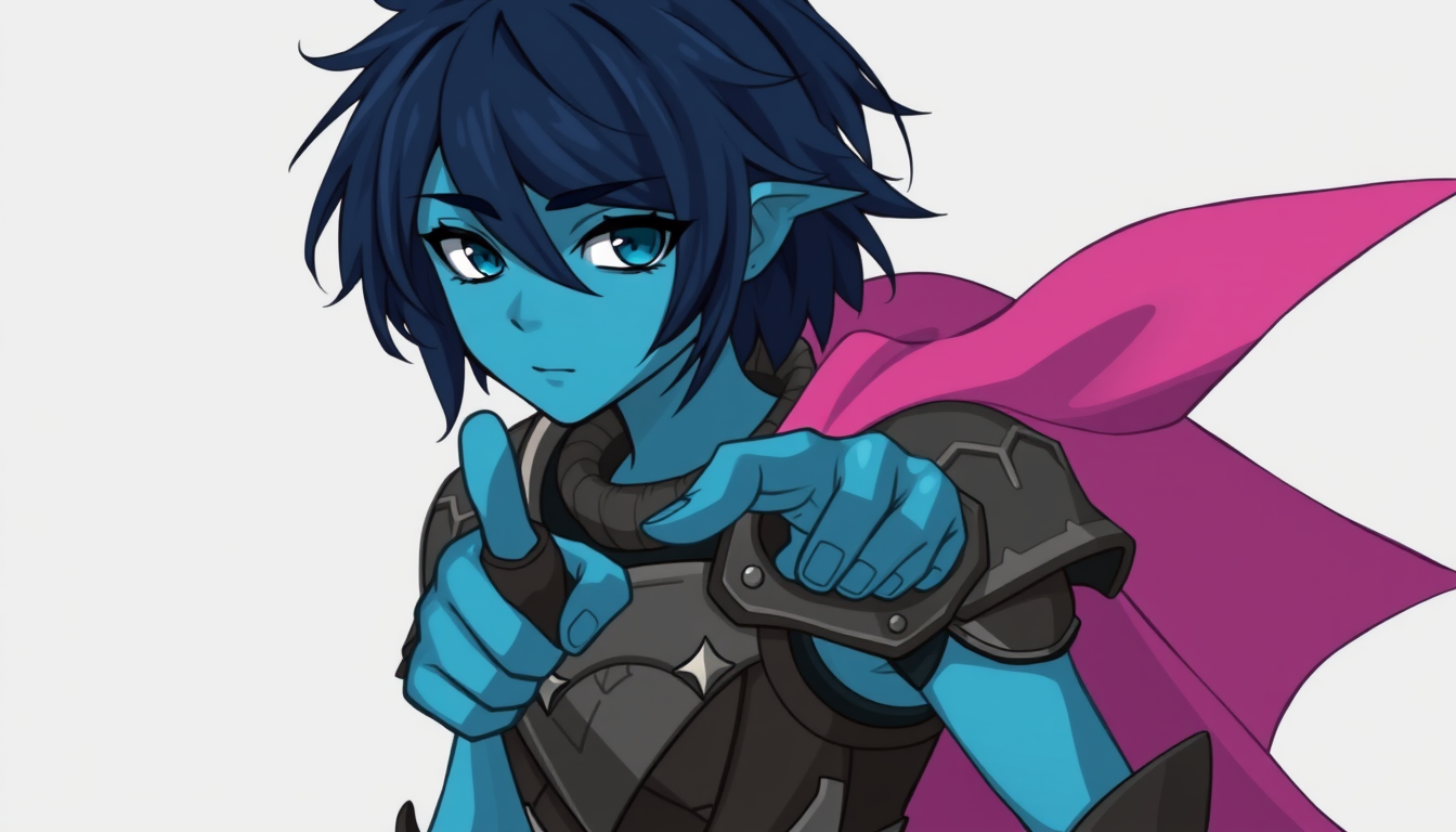 A human teenager wearing shoulder pauldrons, a cuirass, gauntlets, and boots, with a pink cape draping across their right shoulder. Their skin is cyan, and their hair is messy, shoulder-length, navy blue. Long bangs cast a shadow that hides the upper half of their face, and they are pointing forward. - Image