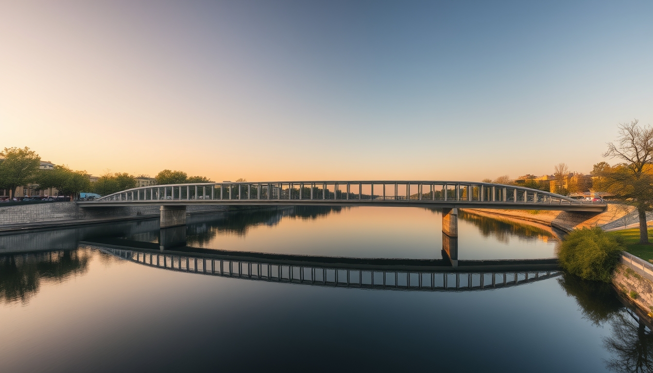 A serene river scene with a glass-bottomed bridge crossing over it.