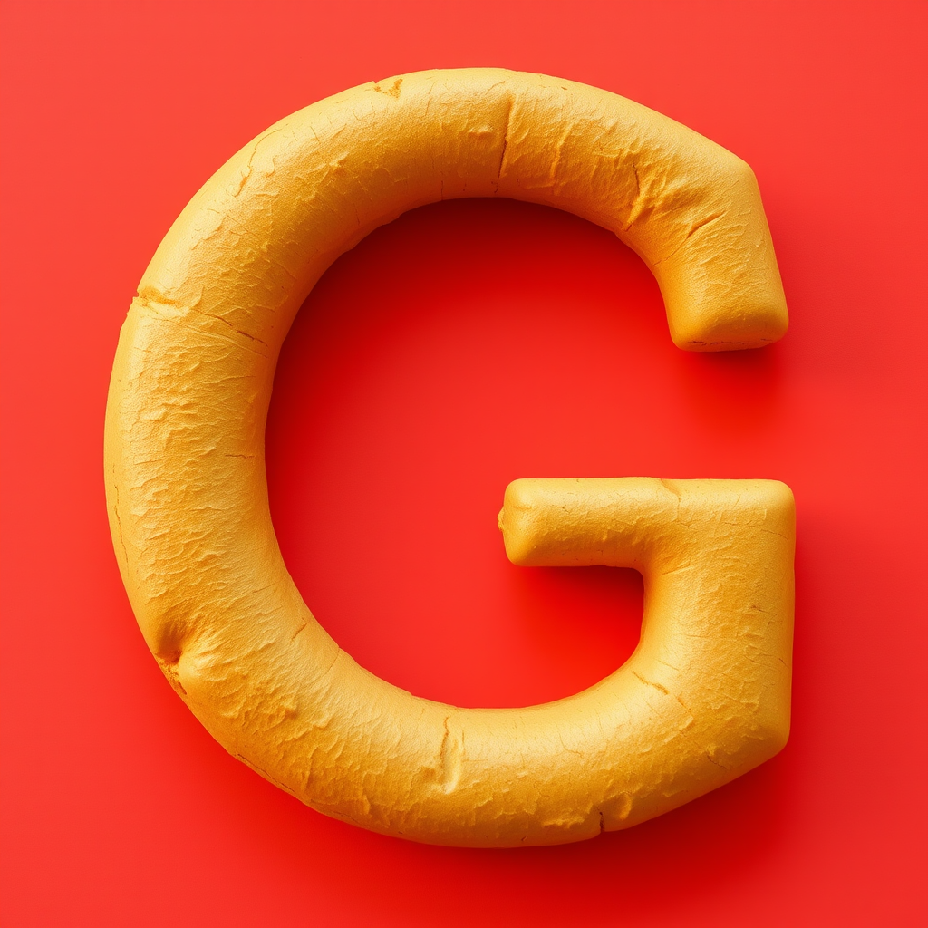 A letter "G" made of ginger, light red background, realistic photograph