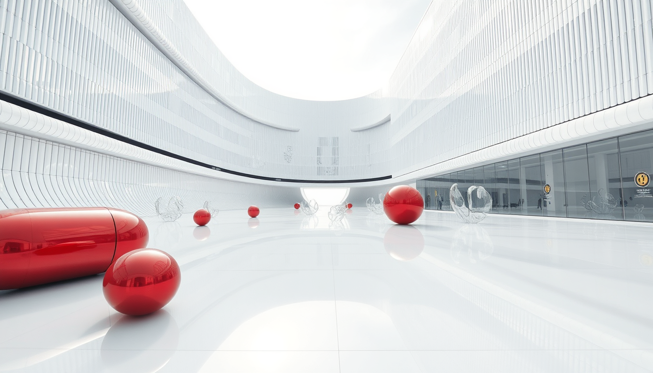 An eye-level, wide-angle shot of a futuristic and abstract architectural square that features horizontally and vertically curved structures covered in white metallic reflective material. There are a few spherical red objects with reflective, metallic surfaces that resemble large, smooth capsules. These objects are positioned on a sleek, ultra-white shiny floor that reflects their surfaces. There are also many transparent glass sculptures. The focus is the sleek horizontally and vertically curved architecture covered in white metallic reflective material. The mood is serene and cool, bursting with futuristic creativity. - Image