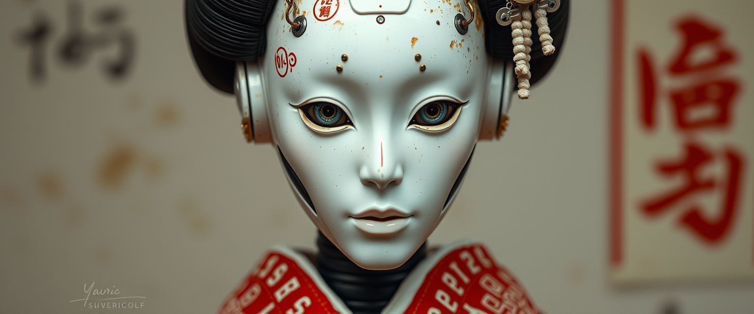 (geisha::0.9) (android robot face::2.2), white ceramic material, many mechanical details, seams, scuffing, rust, (camera lenses instead of pupils:1.5) (traditional intricate Japanese clothes:1.5) (style by Yuri Shwedoff), shallow depth of field, vignette, (Fujicolor Superia X-TRA 400) - Image