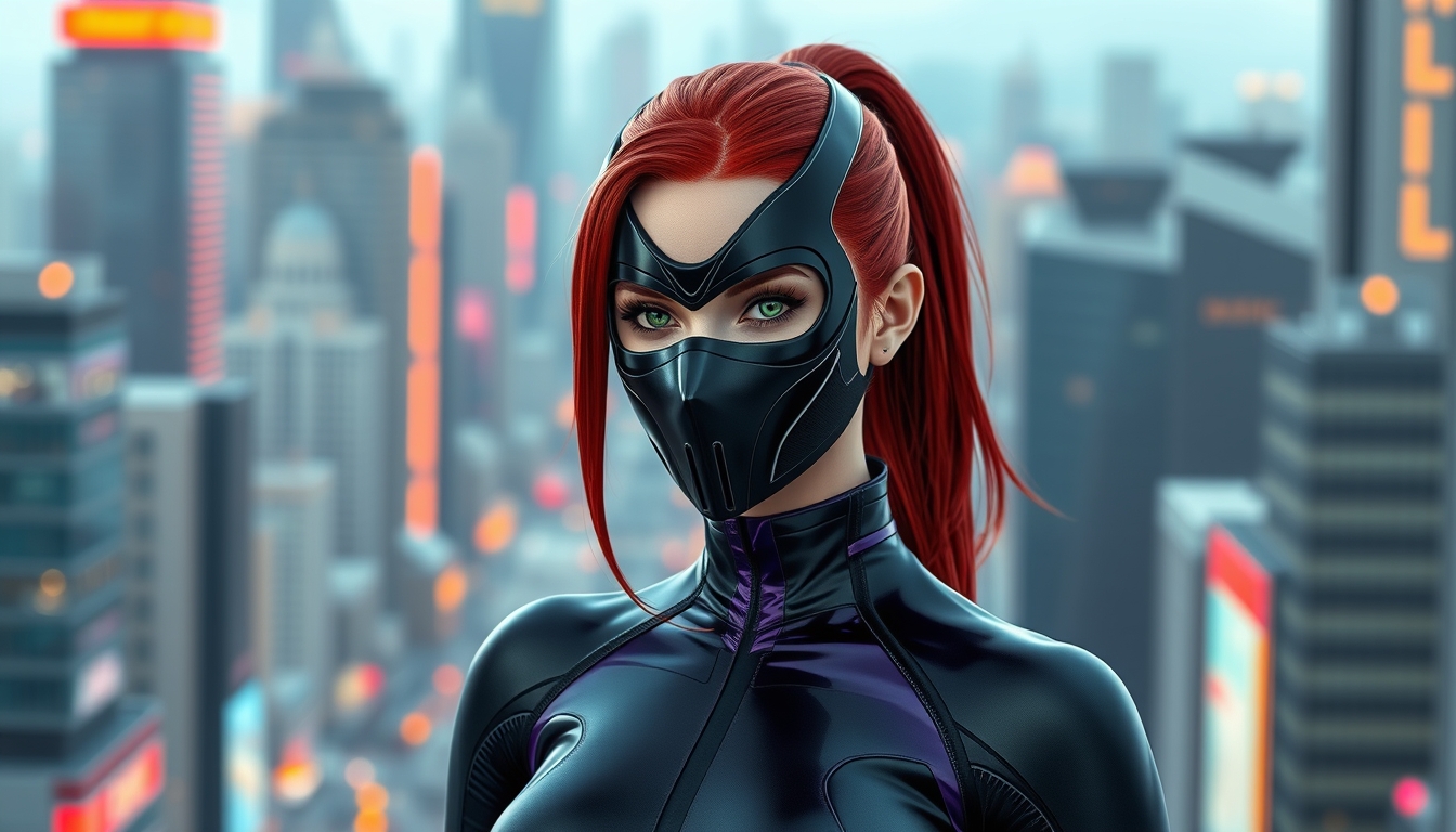 I used Flux AI Image Generator to create this image of a woman with red hair and green eyes wearing a black metallic mask. She's wearing a skintight black and purple spandex suit. The suit has a high collar and long sleeves. She's standing perfectly straight. The background is a futuristic city. I love this image; it's like something out of a fantasy movie. - Image