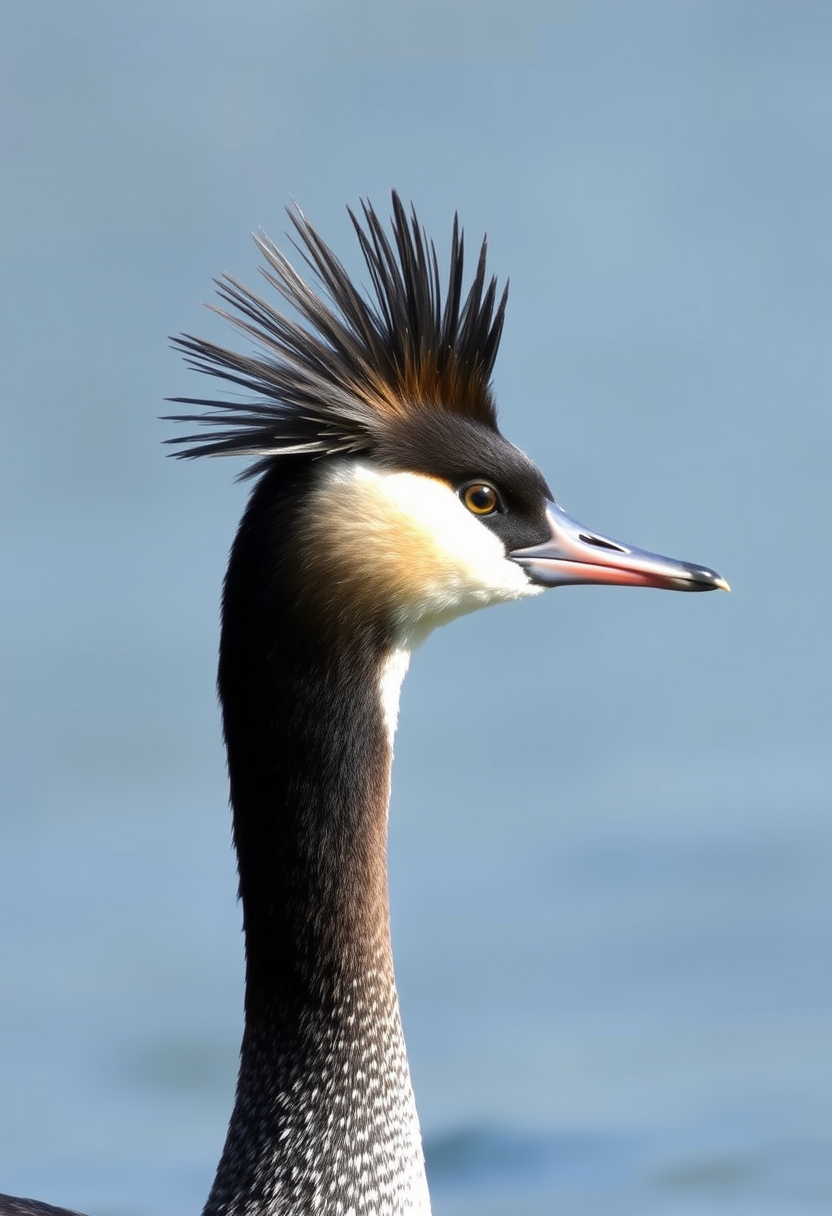 A great crested grebe (Podiceps cristatus). The small crest of feathers is completely black and points to the nape.