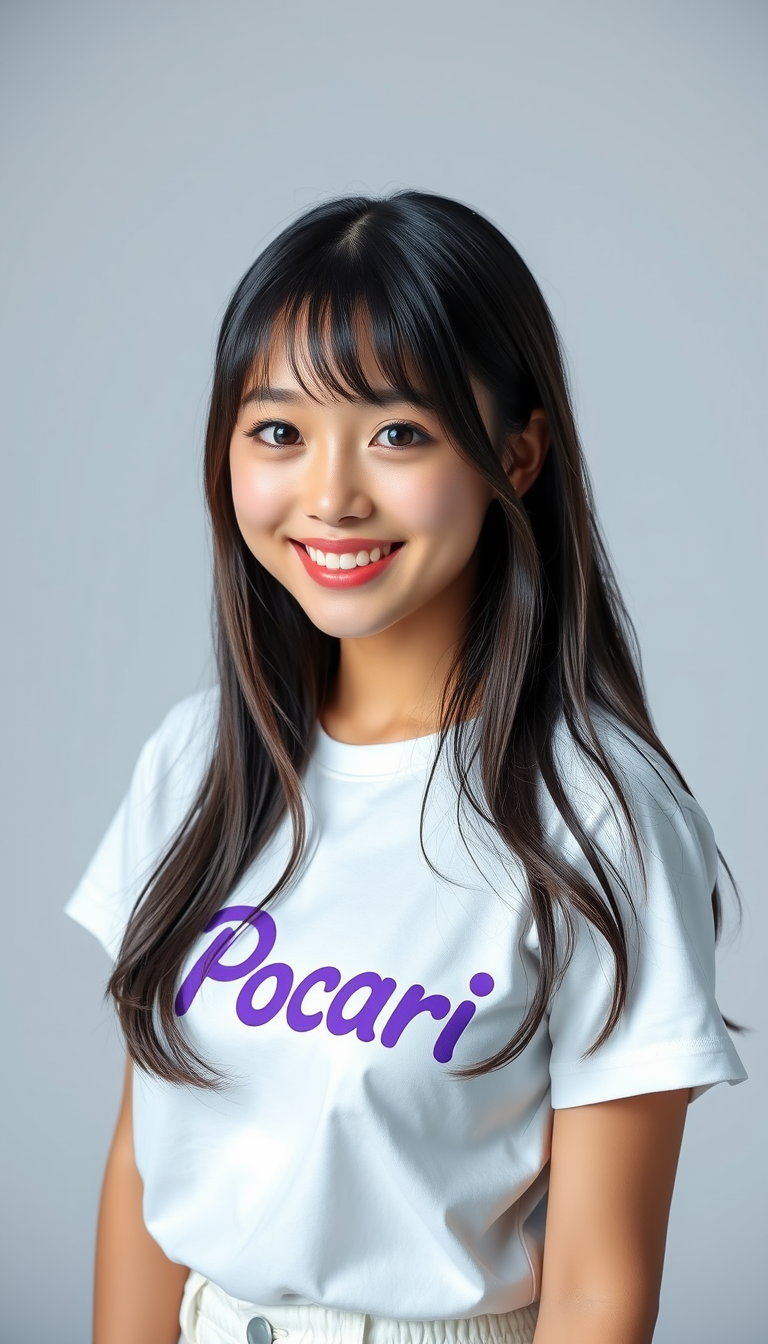 Pocari Sweat model, pure, holy smile, beautiful girl, idol, K-pop, Korean hime cut (hime cut: Black side bangs with long straight hair and bangs, and short bold sidelocks), photo, studio lighting, 1 girl, cute face, perfect face, perfect eyes, perfect anatomy, white t-shirt, short pants. - Image