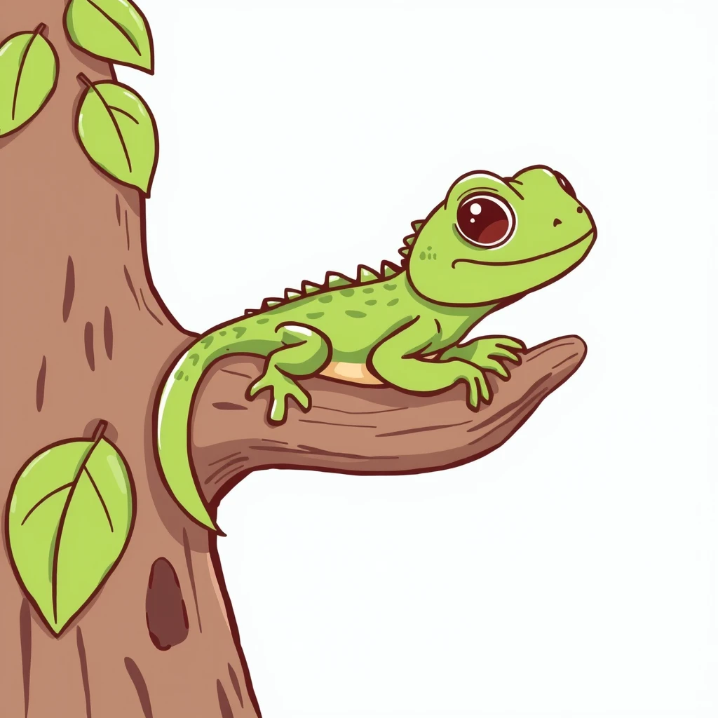 "Draw a kind and cute lizard resting on a tree in a cute cartoon style." - Image