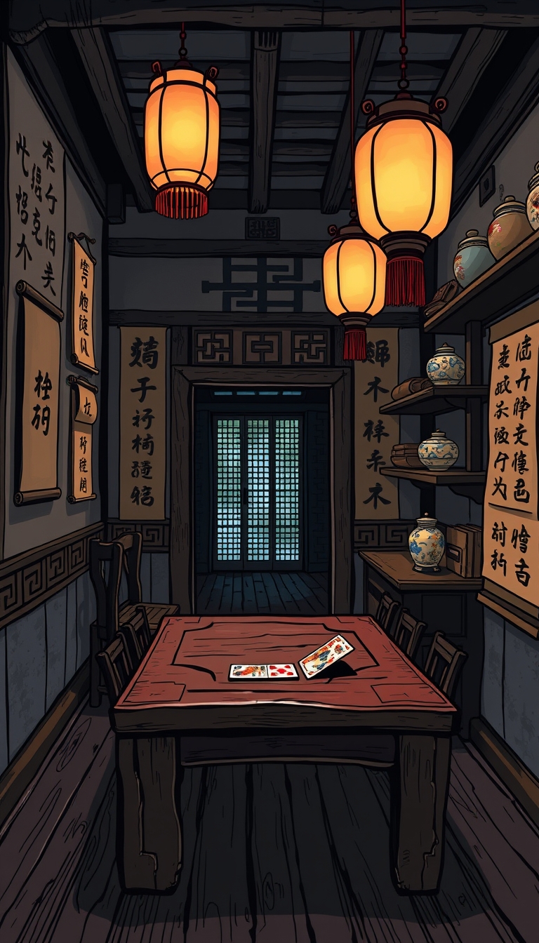 In a side view of an ancient room at night, dim light illuminates walls with traditional Chinese patterns. The wooden floor’s texture is visible, and ancient lanterns hang from the ceiling. Shelves display old scrolls and porcelain. A rustic wooden table, seen from the side, features an elaborately decorated voting scene with cards placed on it. The scene conveys a cozy, heritage-rich atmosphere. The image is in 8K resolution, flat comic sketch style, with a graphic novel aesthetic, 2D effects, and muted tones.