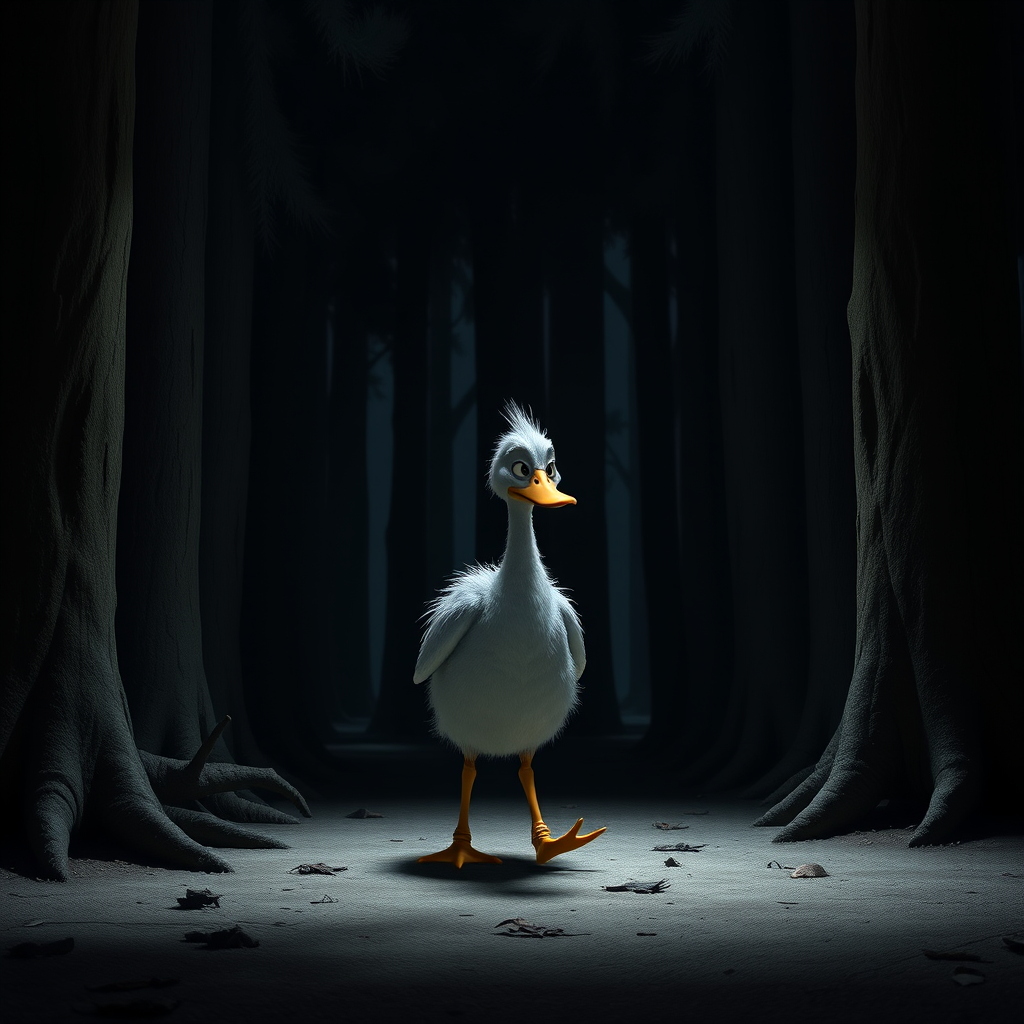 In the dark forest, the gray-feathered ugly duckling walks alone, surrounded by tall trees and shadows, the atmosphere is gloomy, in a 3D Pixar style.