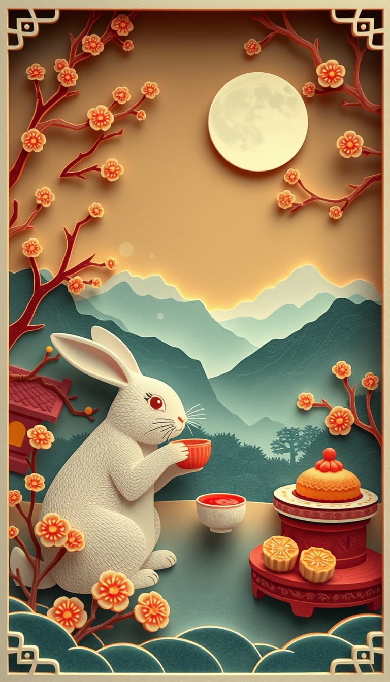 "The rabbit eats mooncakes, drinks tea, and admires the distant mountains and the moon, 3D paper-cutting, depth of field, layers, poster design, Baroque style."