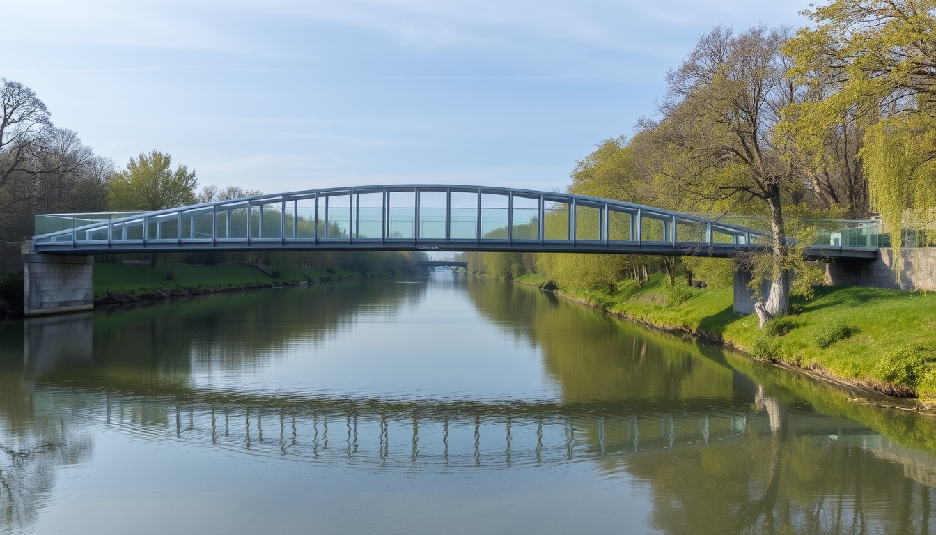 A serene river scene with a glass-bottomed bridge crossing over it.