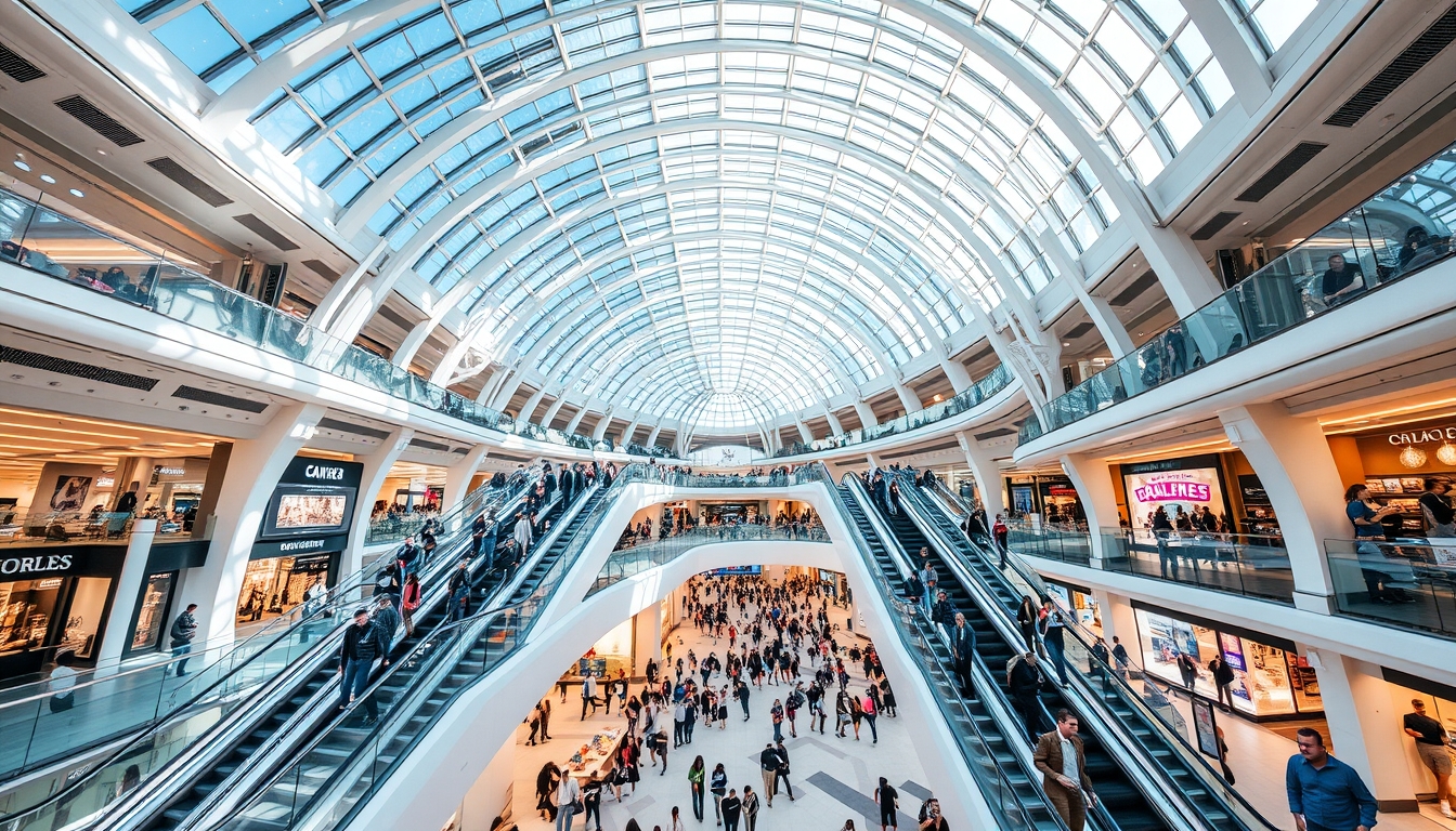 A futuristic shopping mall with glass ceilings and escalators, filled with shoppers. - Image