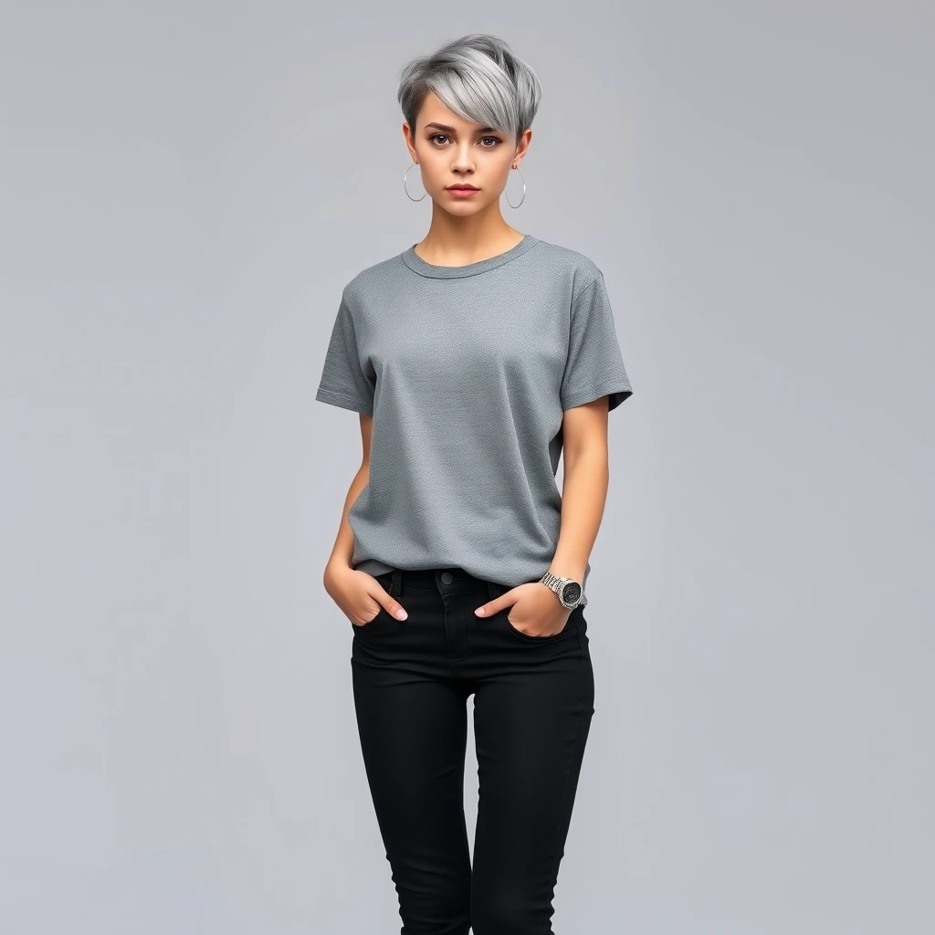 A young woman in a grey T-shirt, black jeans, and Gucci sneakers on her feet. Appearance: cool gray hair and blue eyes. Professional photo. Full length.