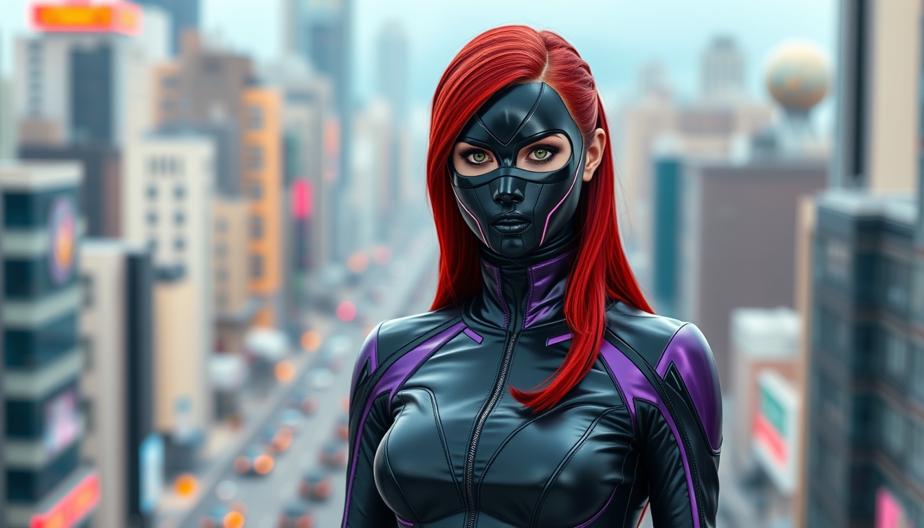 I used Flux AI Image Generator to create this image of a woman with red hair and green eyes wearing a black metallic mask. She's dressed in a skintight black and purple spandex suit. The suit features a high collar and long sleeves. She's standing perfectly straight, allowing us to see every detail of her outfit from head to toe. The background depicts a futuristic city. I love this image; it feels like something out of a fantasy movie. Show a full-body image from a distance.