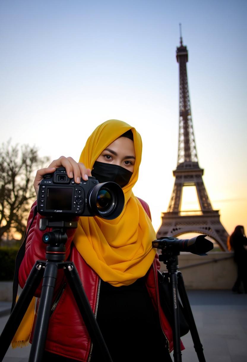 Biggest hijab yellow Muslim girl, beautiful eyes, face mask black, red leather jacket, black biggest skirt, camera DSLR CANON, tripod, taking photos, sunrise, morning scenery, Eiffel Tower, hyper realistic, street photography.