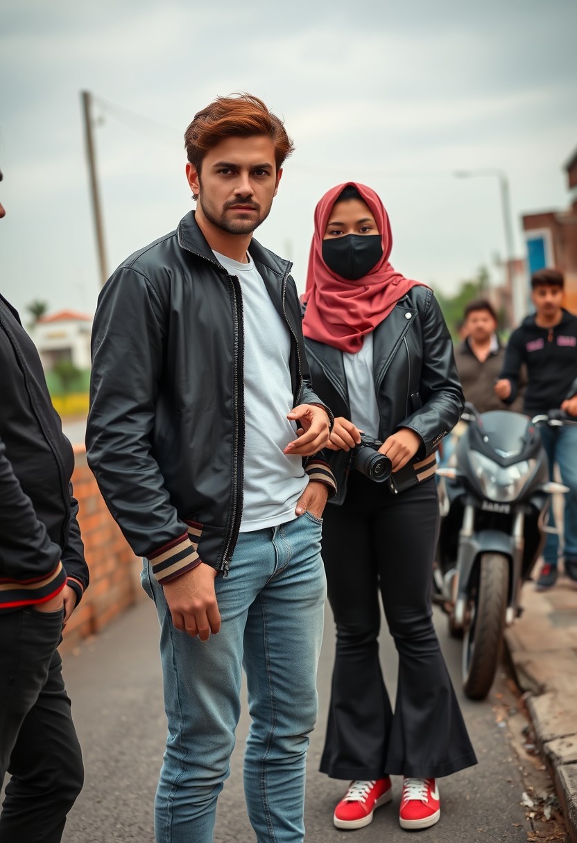 Jamie Dornan and Freddie Prinze, head and body shot, handsome, young, serious face, dark brown hair, white T-shirt, collage jacket, skinny jeans, sneakers, standing, discussing with two guys and a young Muslim girl wearing a short red hijab, beautiful eyes, black face mask, black leather jacket, bell-bottom cutting jeans, red sneakers, holding a DSLR Canon camera, near a town road, superbike, hyper-realistic, street photography, brick wall, full body photo, three other random friends in the back. - Image