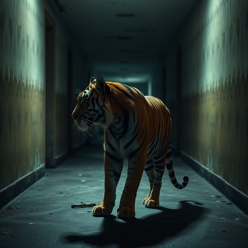 (extreme long shot), profile of a tiger standing at the end of a hallway in an abandoned and dirty hotel long hallway, damp ground. Dark, dim, soft, moody lighting, cinematic photo, focus, film, professional, 4k, highly detailed, (at night)