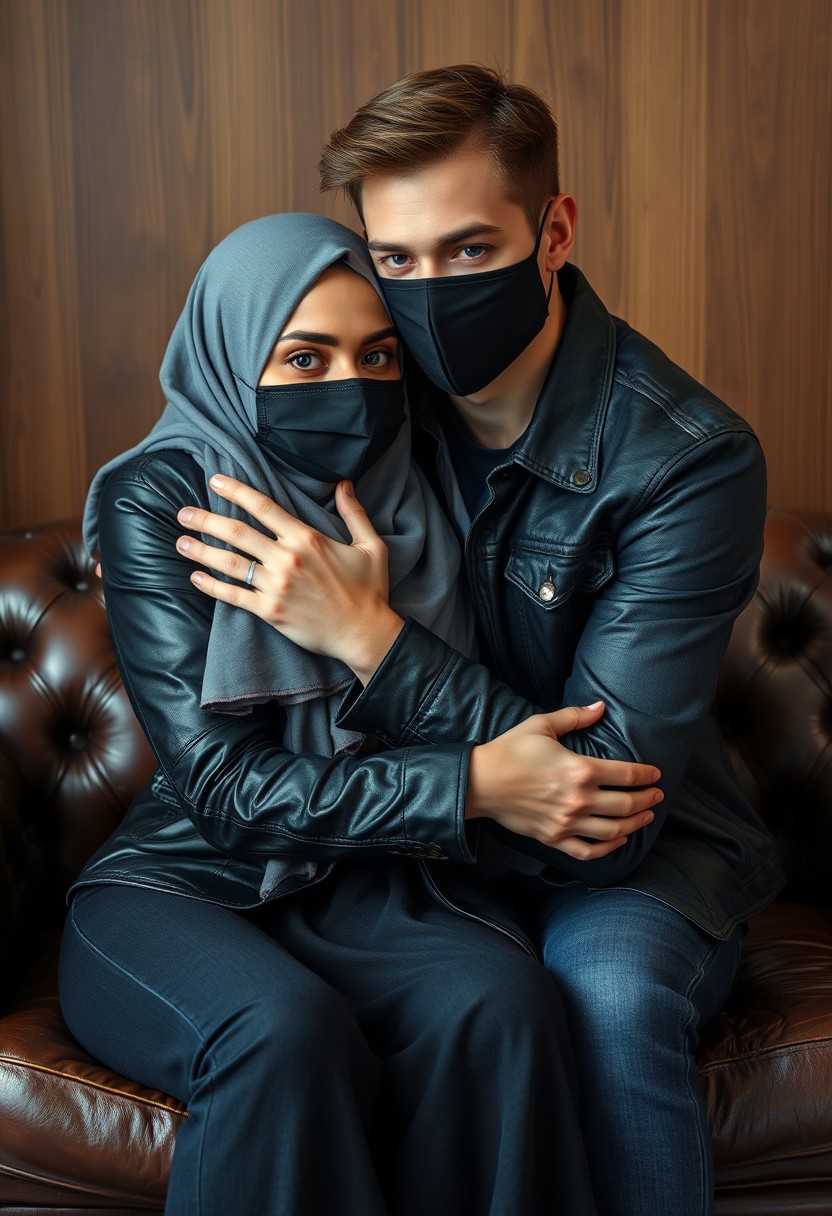 Jamie Dornan's head and body shot, handsome, face mask black, jeans jacket, jeans, dating, love couple, hug, with biggest grey hijab Muslim girl, beautiful eyes, face mask black, black leather jacket, biggest skirt, hyper realistic, studio photography, sit on leather classic sofa, wooden wall.