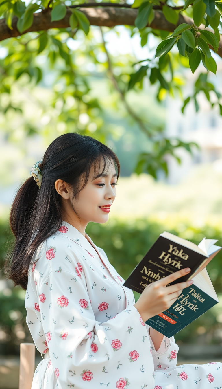 A beautiful Japanese woman is reading a book under a tree. - Image