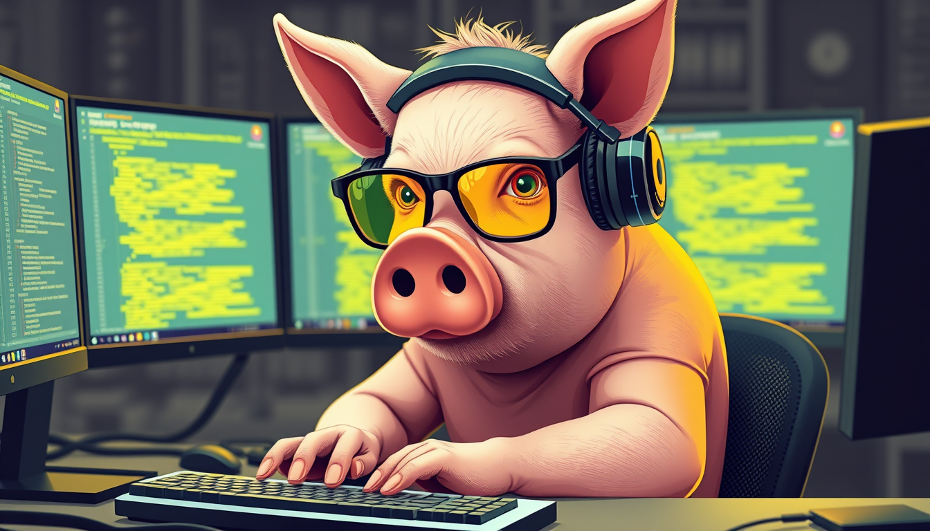 A tech-savvy pig coder, wearing yellow-tinted glasses and sleek noise-cancelling headphones, hunches over a cutting-edge multi-monitor setup. The anthropomorphic pig exudes focus, typing furiously.