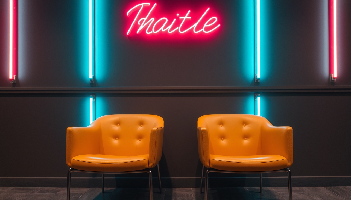 Two chairs are sitting in front of a wall with neon lights. - Image