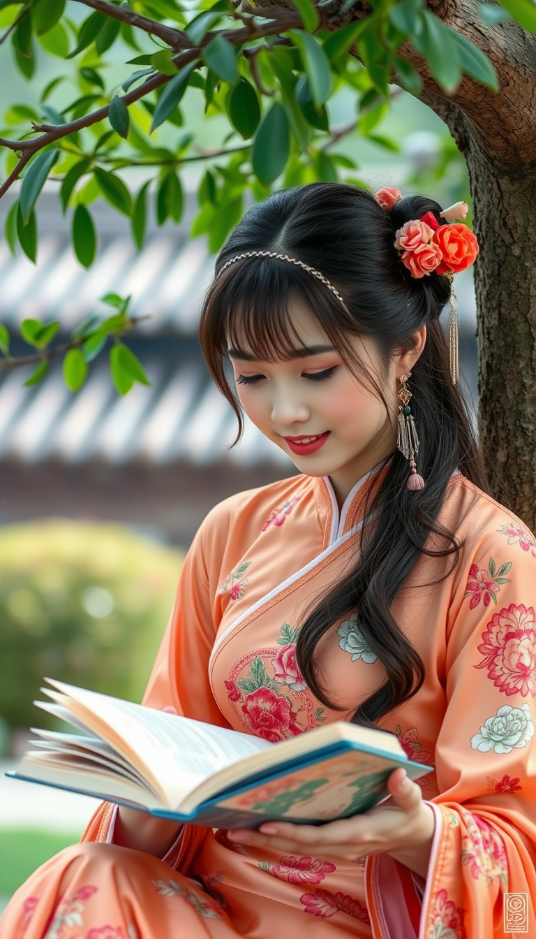 A Chinese beauty is reading a book under a tree.