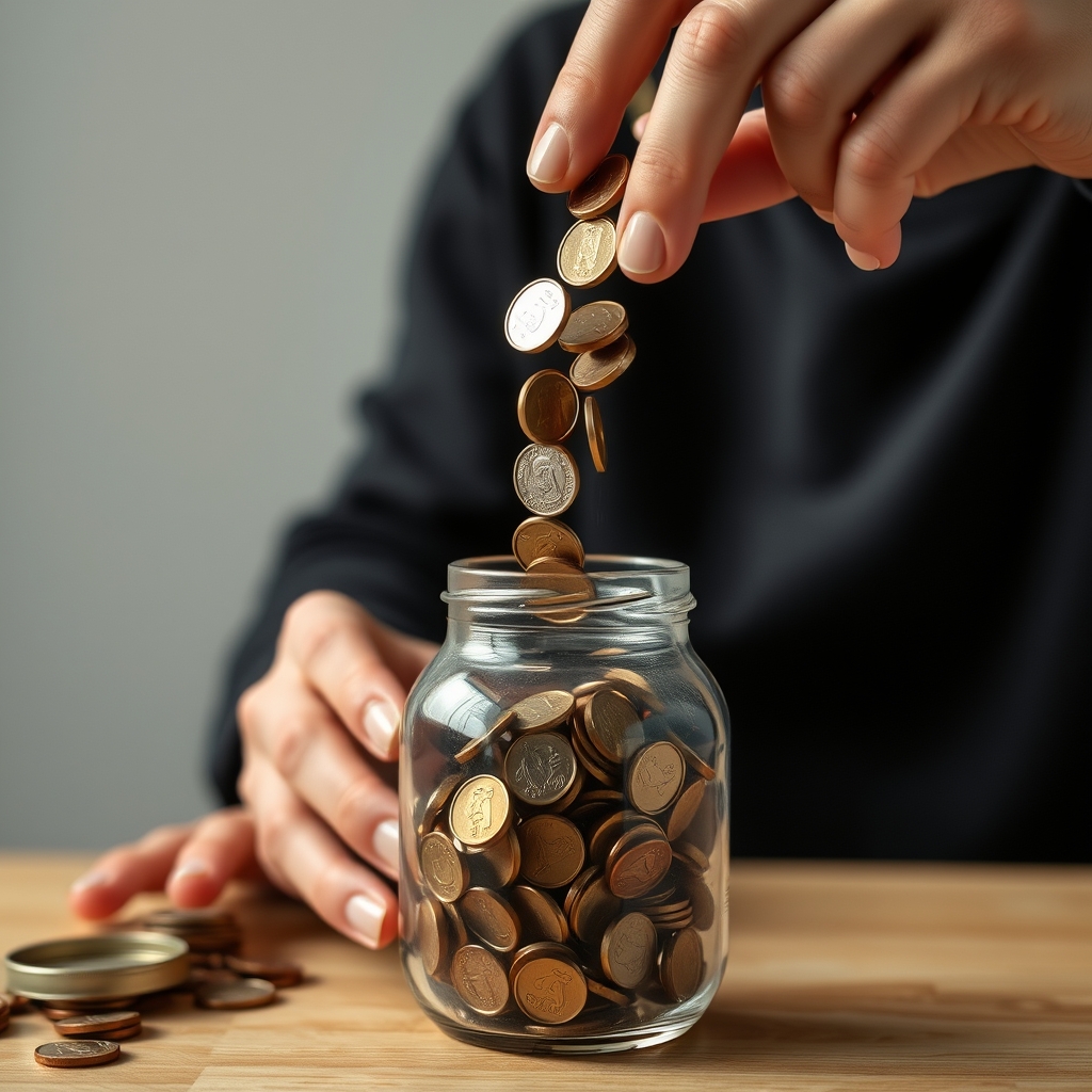 A person is pouring coins into a jar. - Image