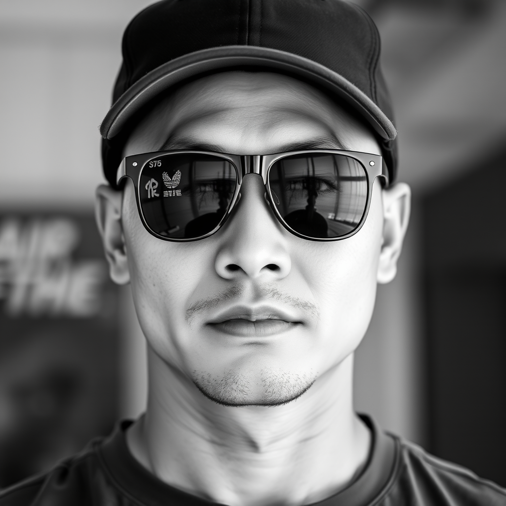 A cool black and white image of a man around 35 years old, upper body visible, wearing a baseball cap, Chinese, with air force black sunglasses, a bit of facial hair, a tough guy, in a shirt, with a full and well-defined face, a strong physique, and clean, fresh skin.