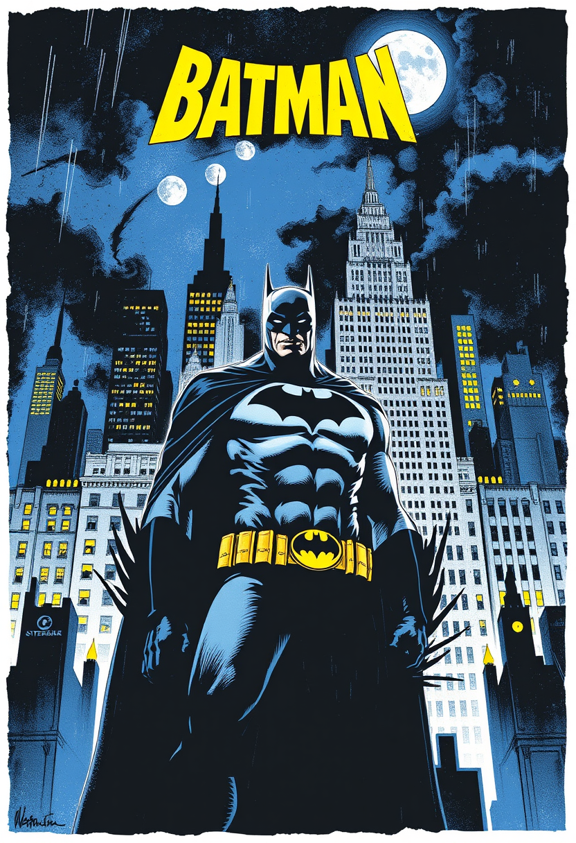 Masterpiece, Batman night, print t-shirt design, silk-screen art by Frank Miller, center PNG art.