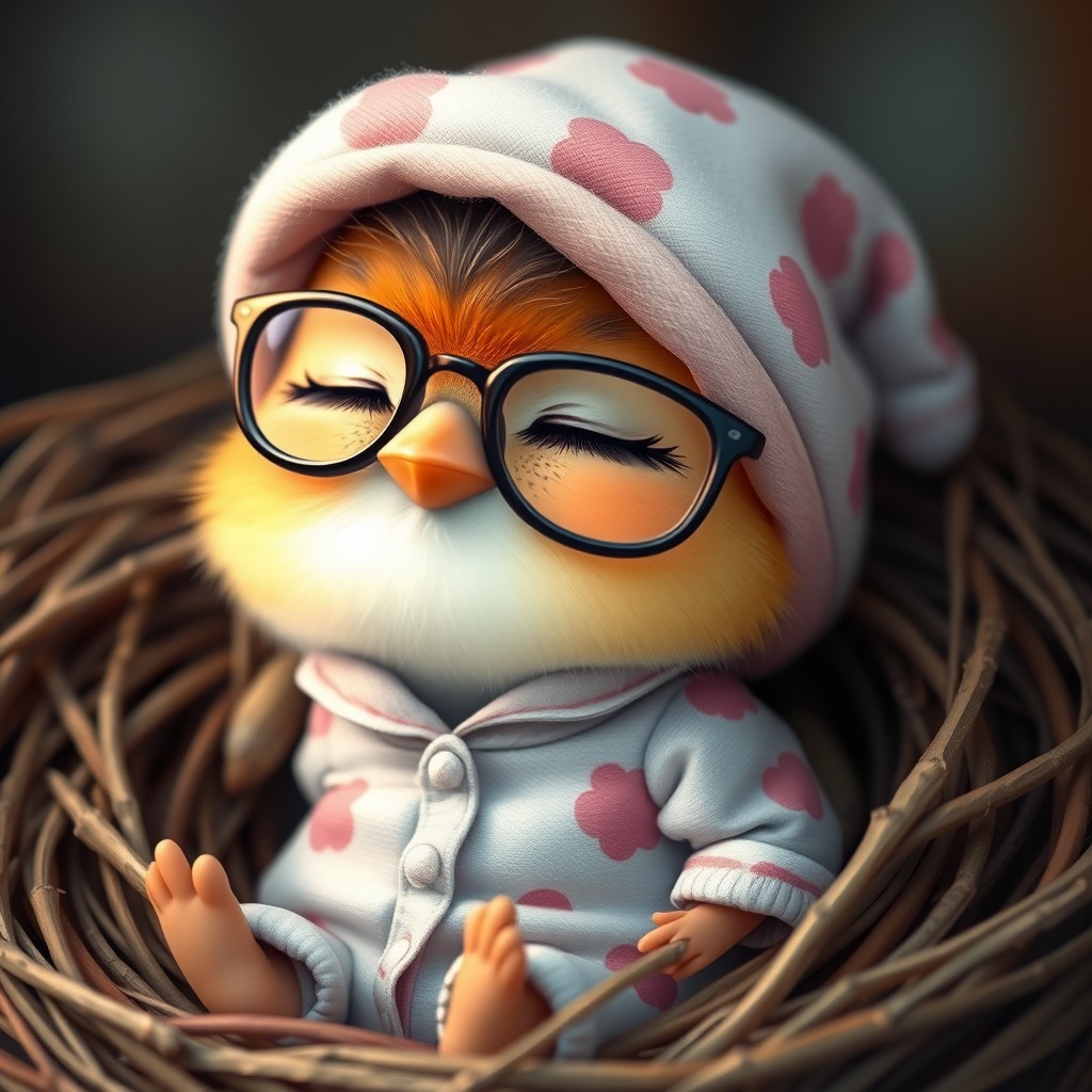 Sweet little and tender birdie with glasses, wearing a beautiful pajama and a sleepy cap, happily sleeping in her nest.