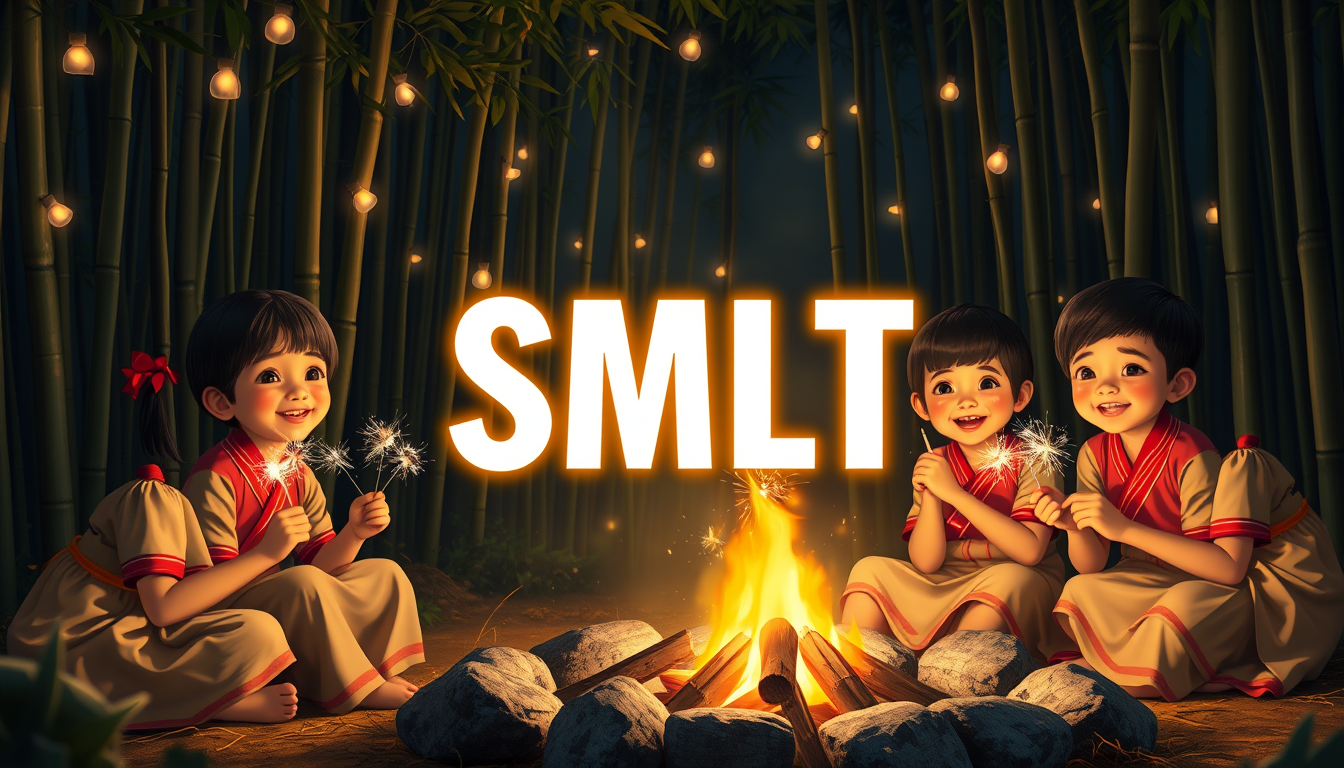 A digital painting of a group of Vietnamese children in traditional clothing sitting around a campfire at night. The children are holding sparklers and smiling. The background is a bamboo forest with lights hanging from the trees. The letters "SMLYT" are prominently displayed and illuminated in the center, like a movie screen.