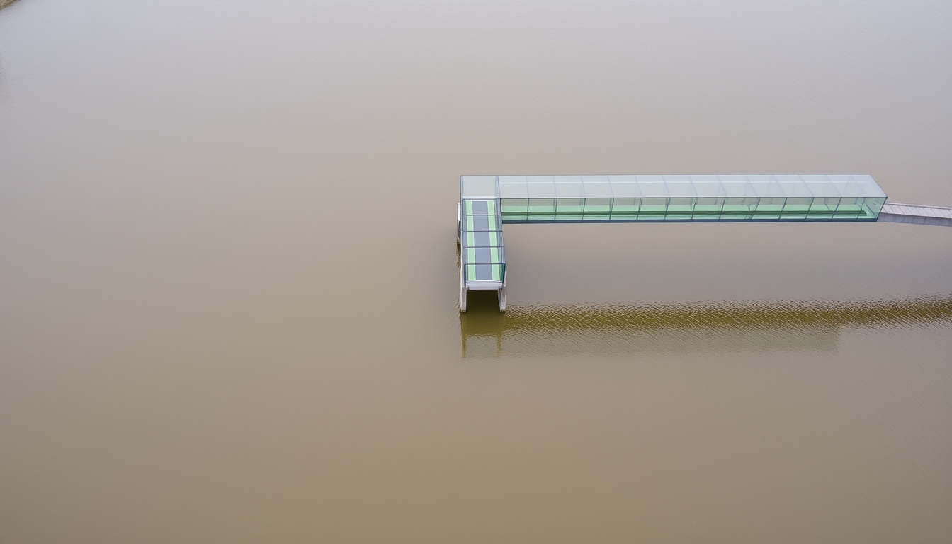 A serene river scene with a glass-bottomed bridge crossing over it.