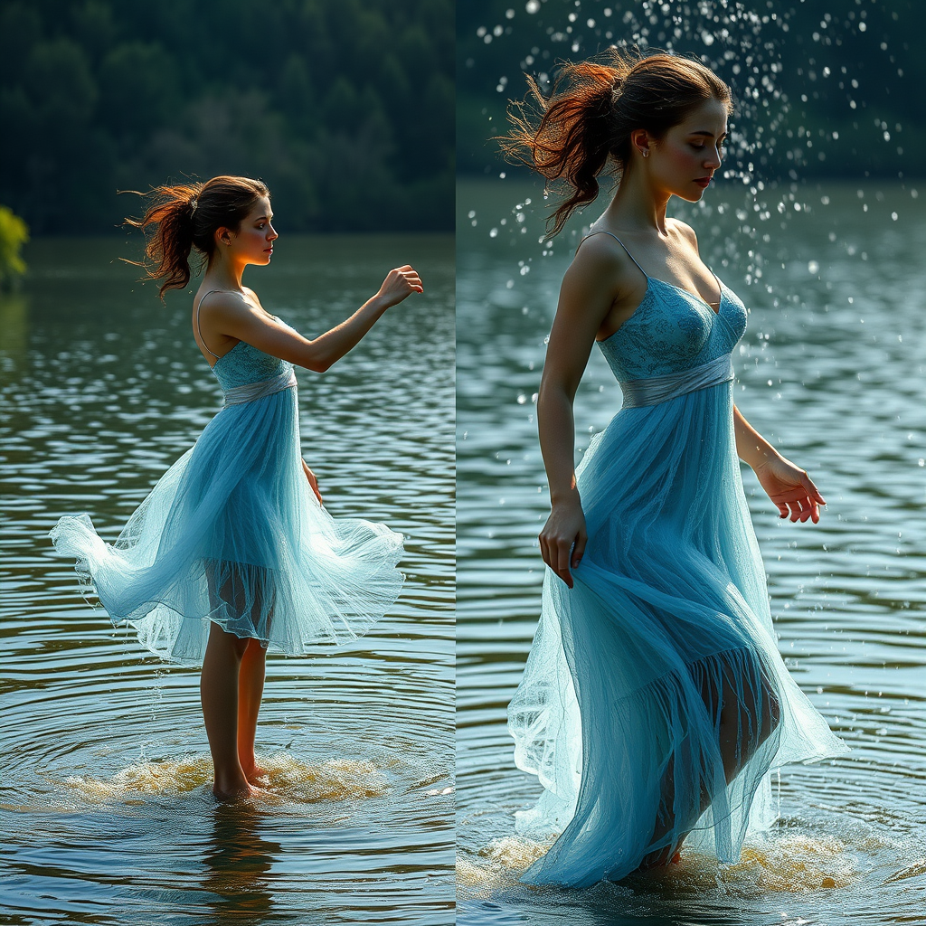 Riverside, dancing woman wearing a dress made of water, side view, full body view, strong light falls on her, water pours from the sky.