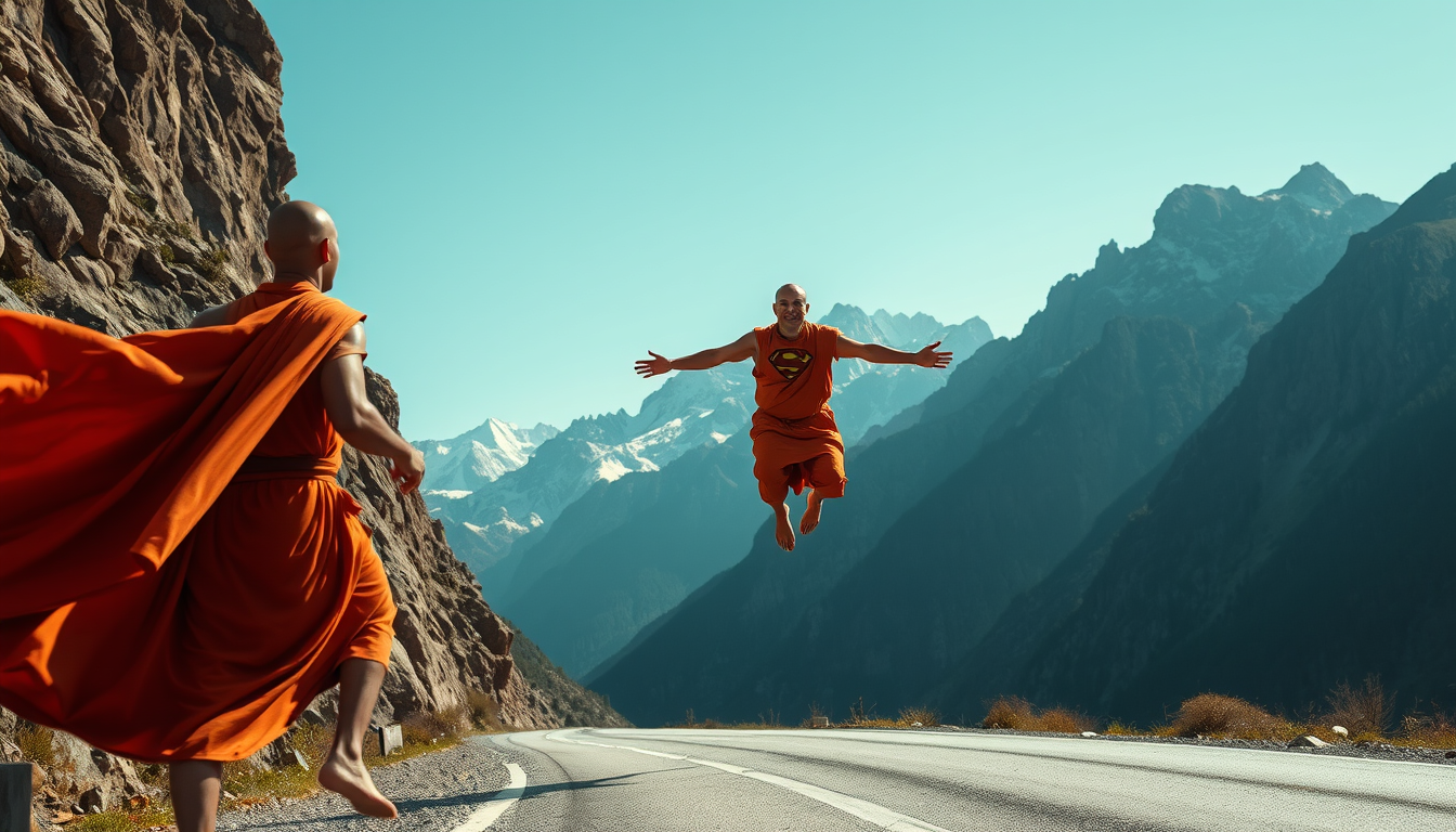 The monk lands on the road like a superman in a nice mountain.