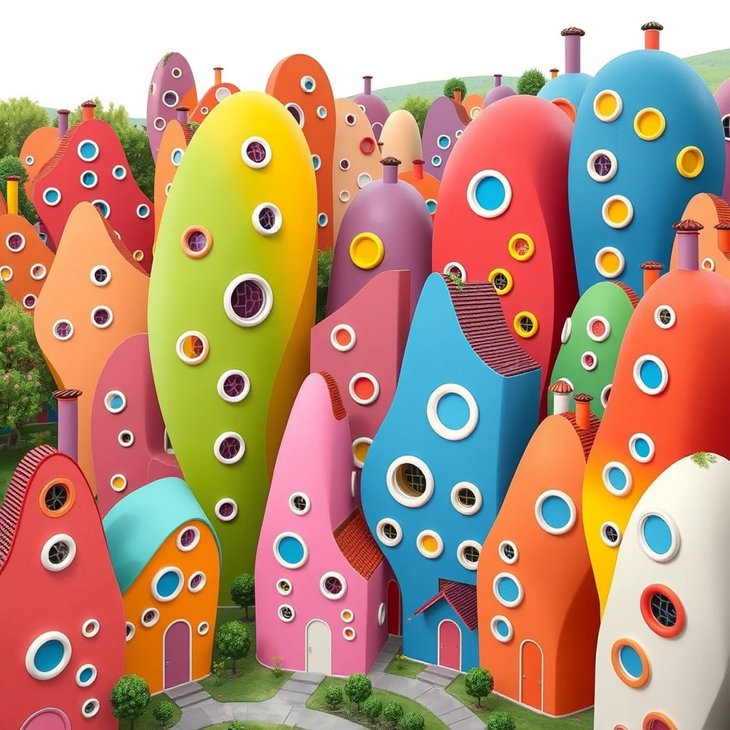 Colorful morphic buildings inspired by Dr. Seuss with circular windows everywhere in a big village. - Image