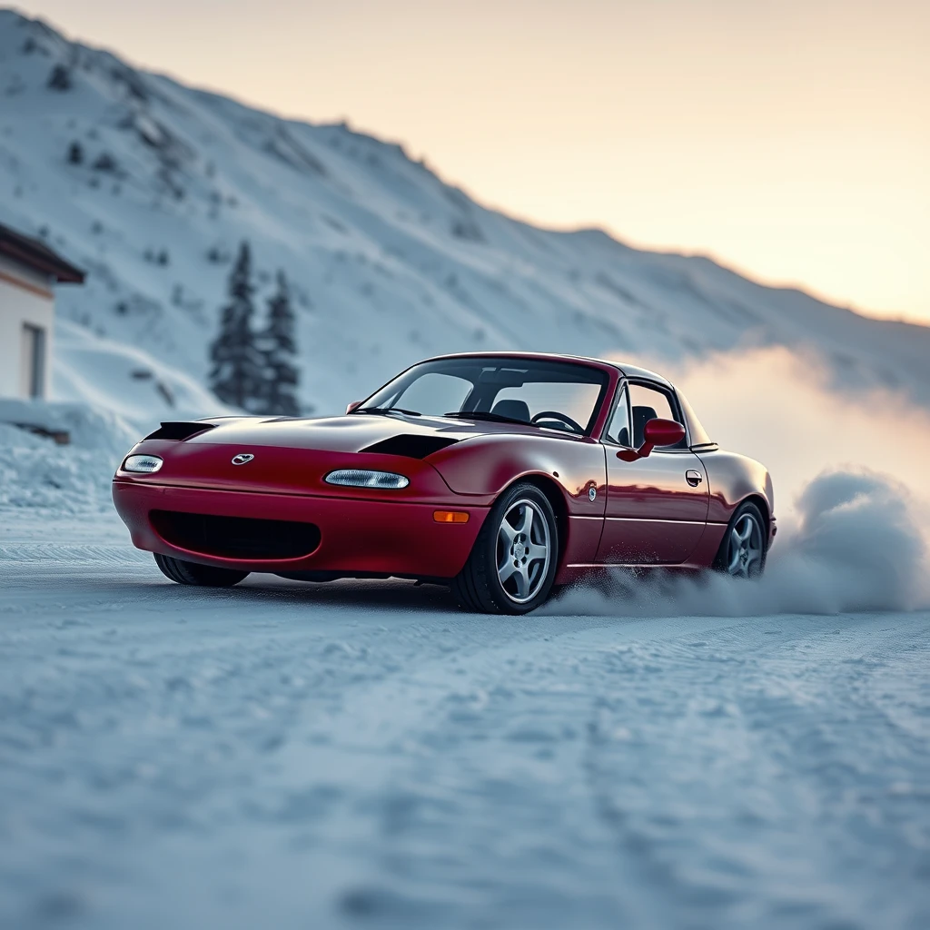 Create an image of a 1991 Mazda mx5 drifting on a snowy mountain.