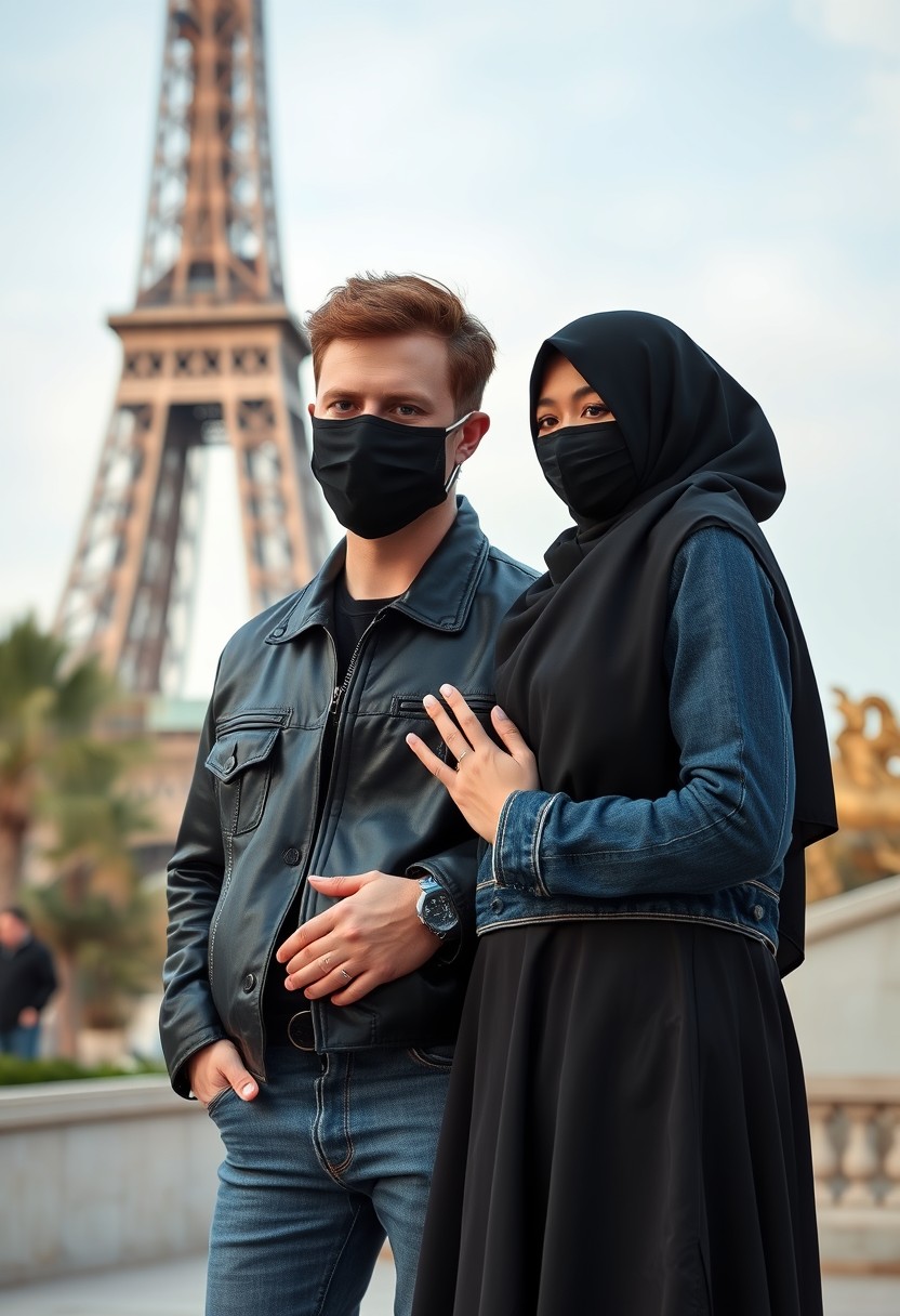 Jamie Dornan, handsome, black face mask, black leather jacket, jeans, dating, love couple with the biggest hijab Muslim girl, beautiful eyes, black face mask, jeans jacket, biggest skirt, wedding rings, Eiffel Tower, realistic, street photography. - Image