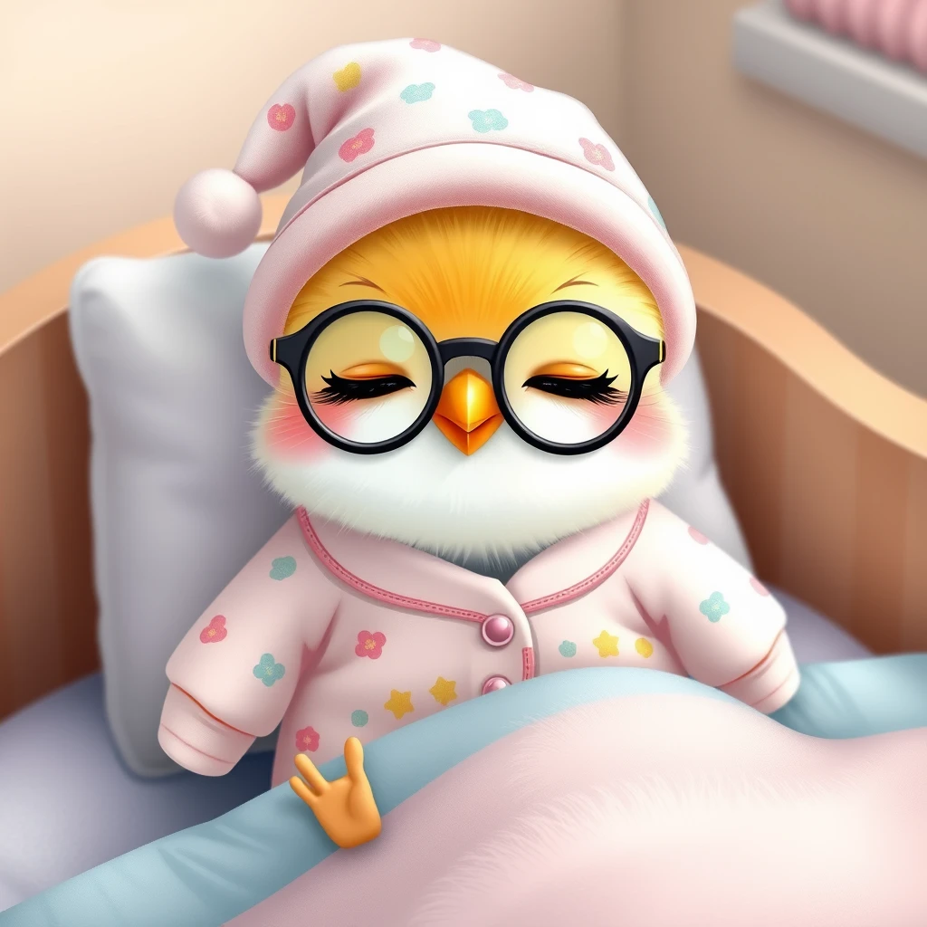 Sweet little and tender Kawaii birdie with glasses and a hat wearing a beautiful pajamas and a sleepy cap, happily sleeping in her cute little bed.