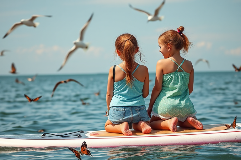 Three girls about ten years old on a SUP board on their knees. View from the back, turned around smiling. Russia. Many butterflies and seagulls.